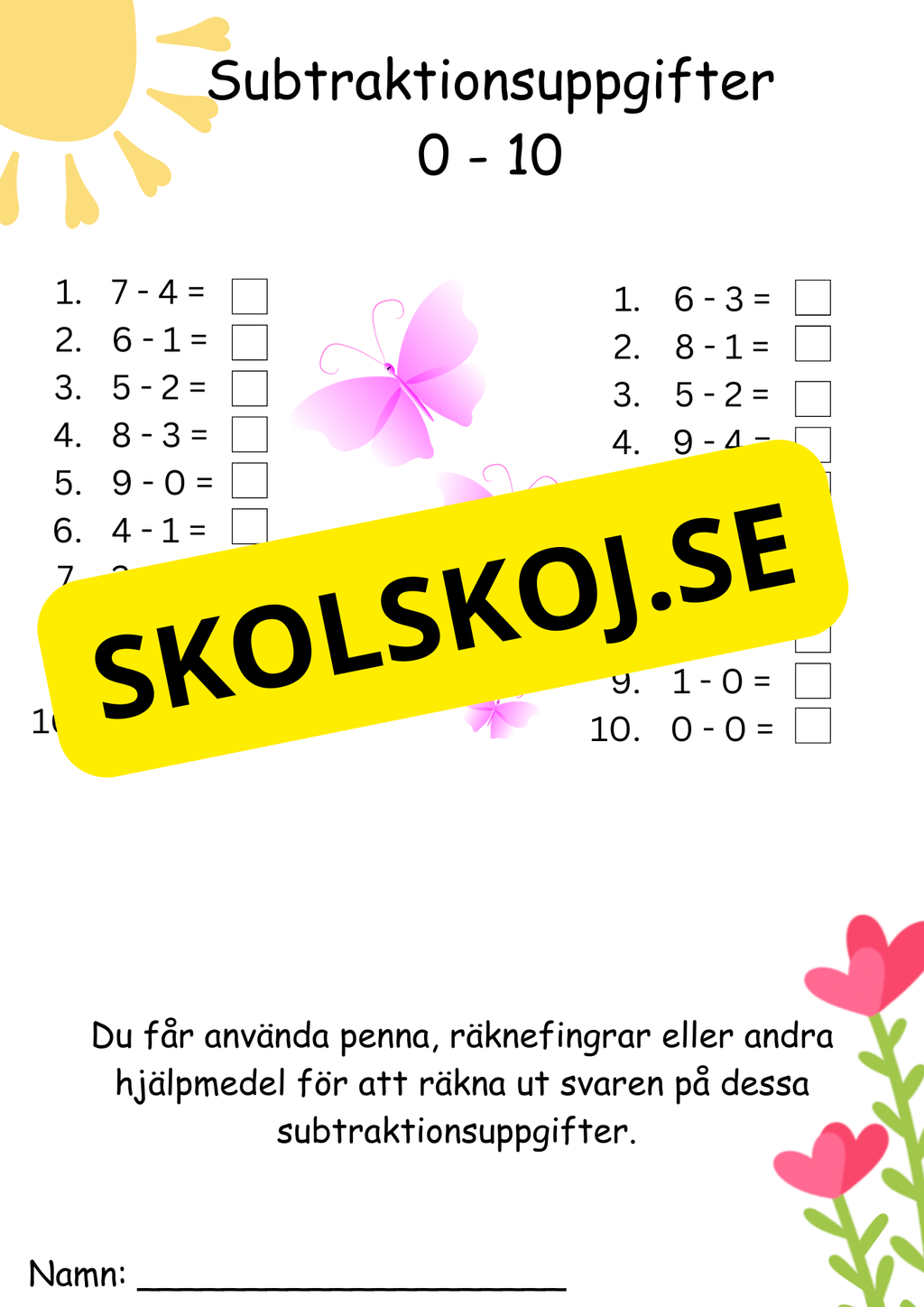 Minus årskurs 1 tal 1 - 10
