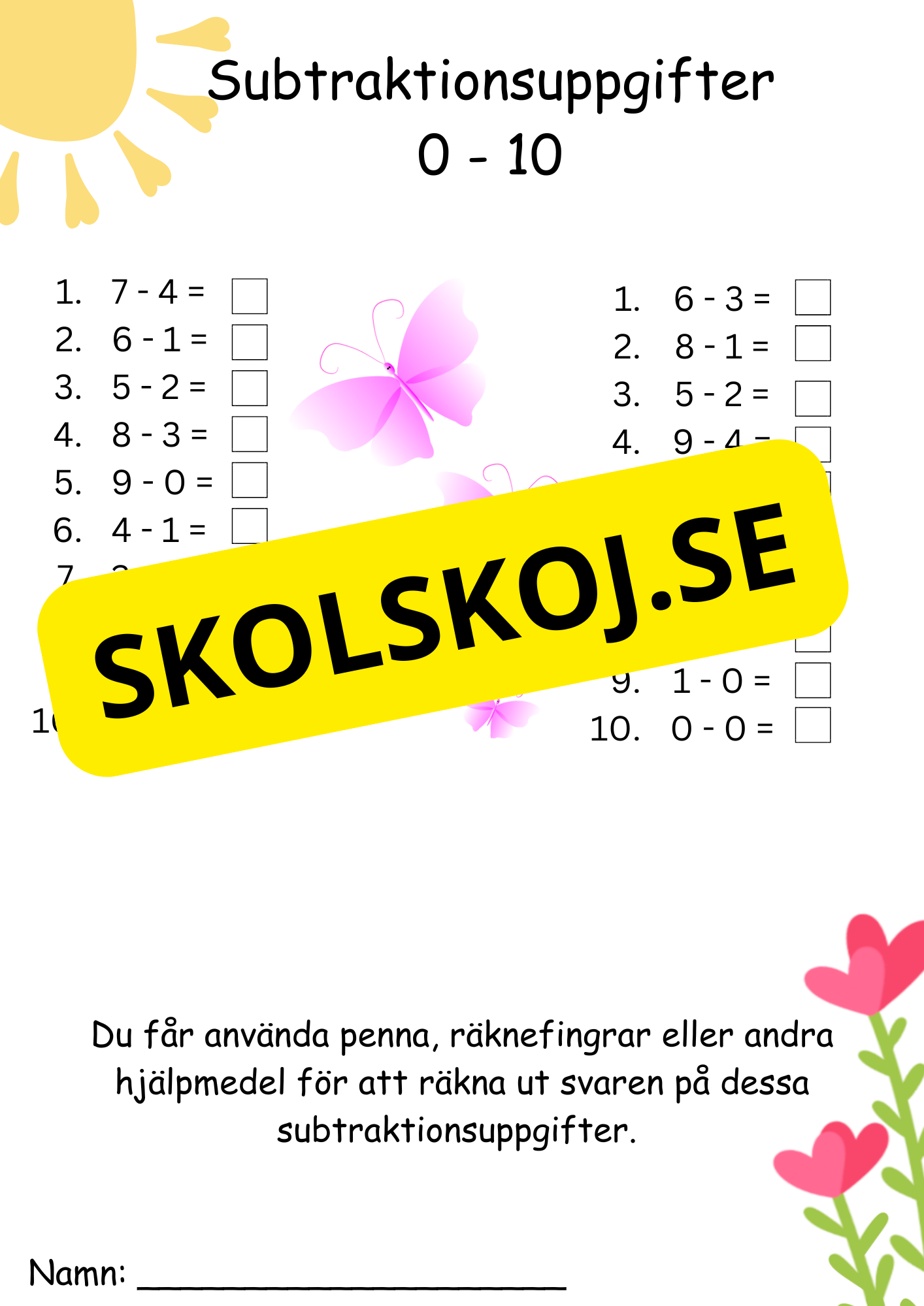 Minus årskurs 1 tal 1 - 10