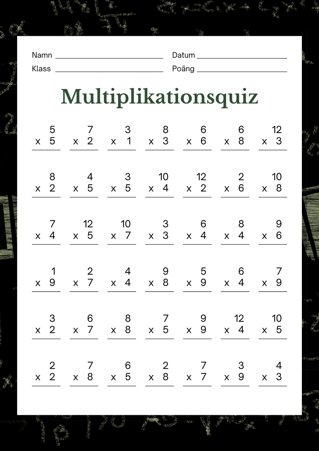 Multiplikationsquiz + Facit