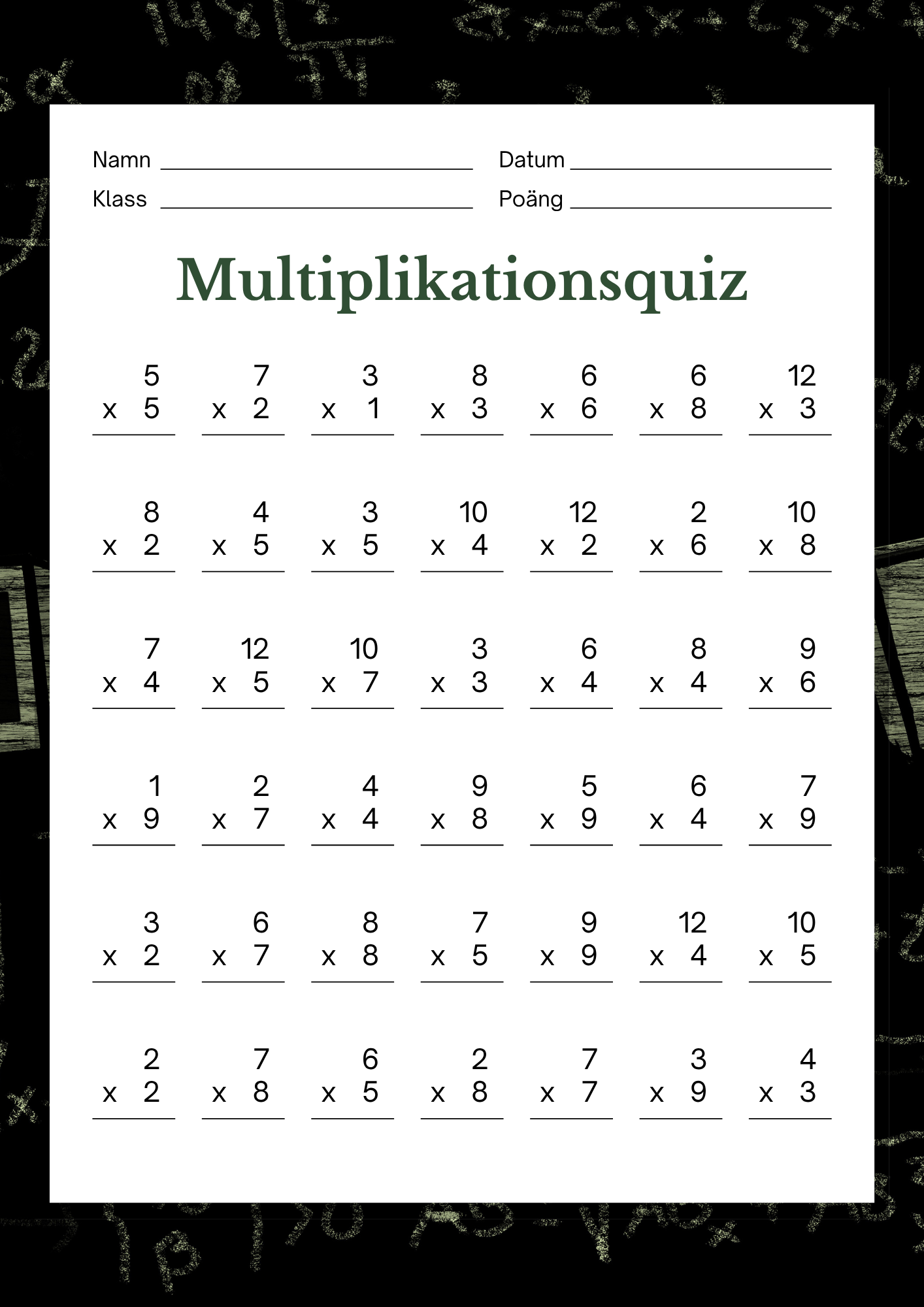 Multiplikationsquiz + Facit