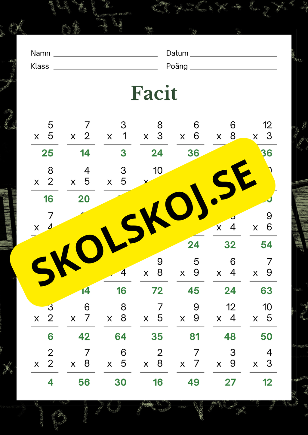 Multiplikationsquiz + Facit