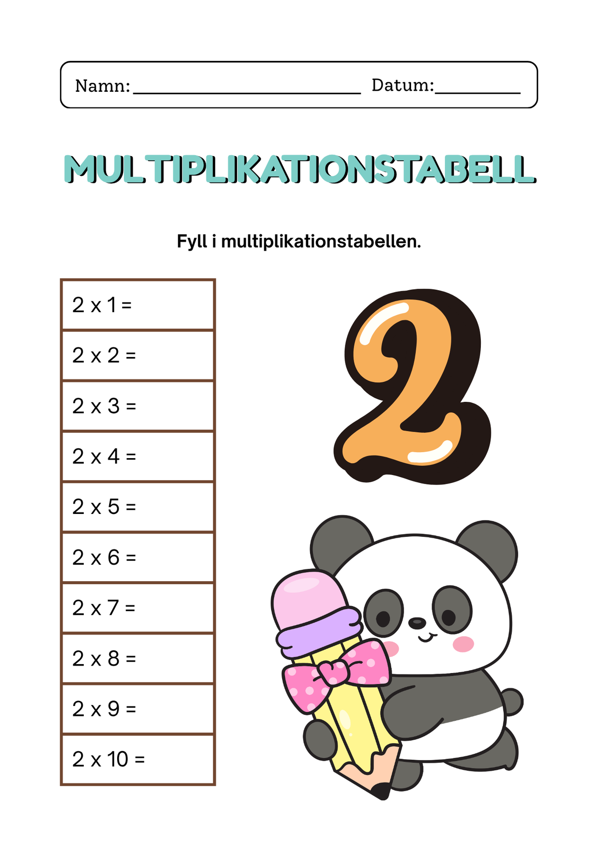 Multiplikationstabell 2–9