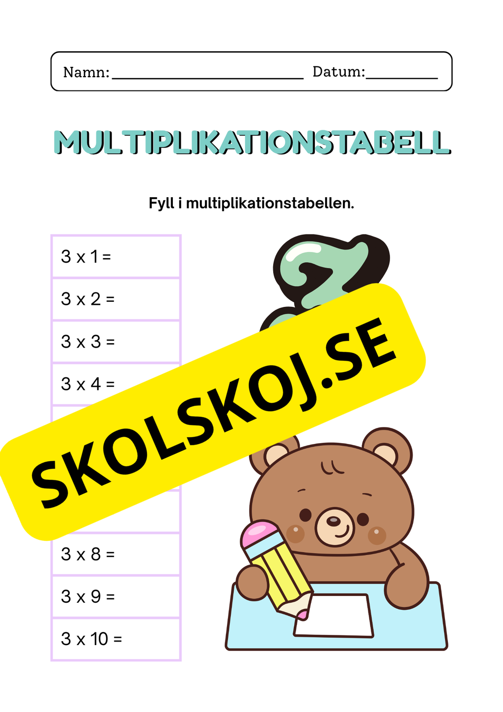 Multiplikationstabell 2–9