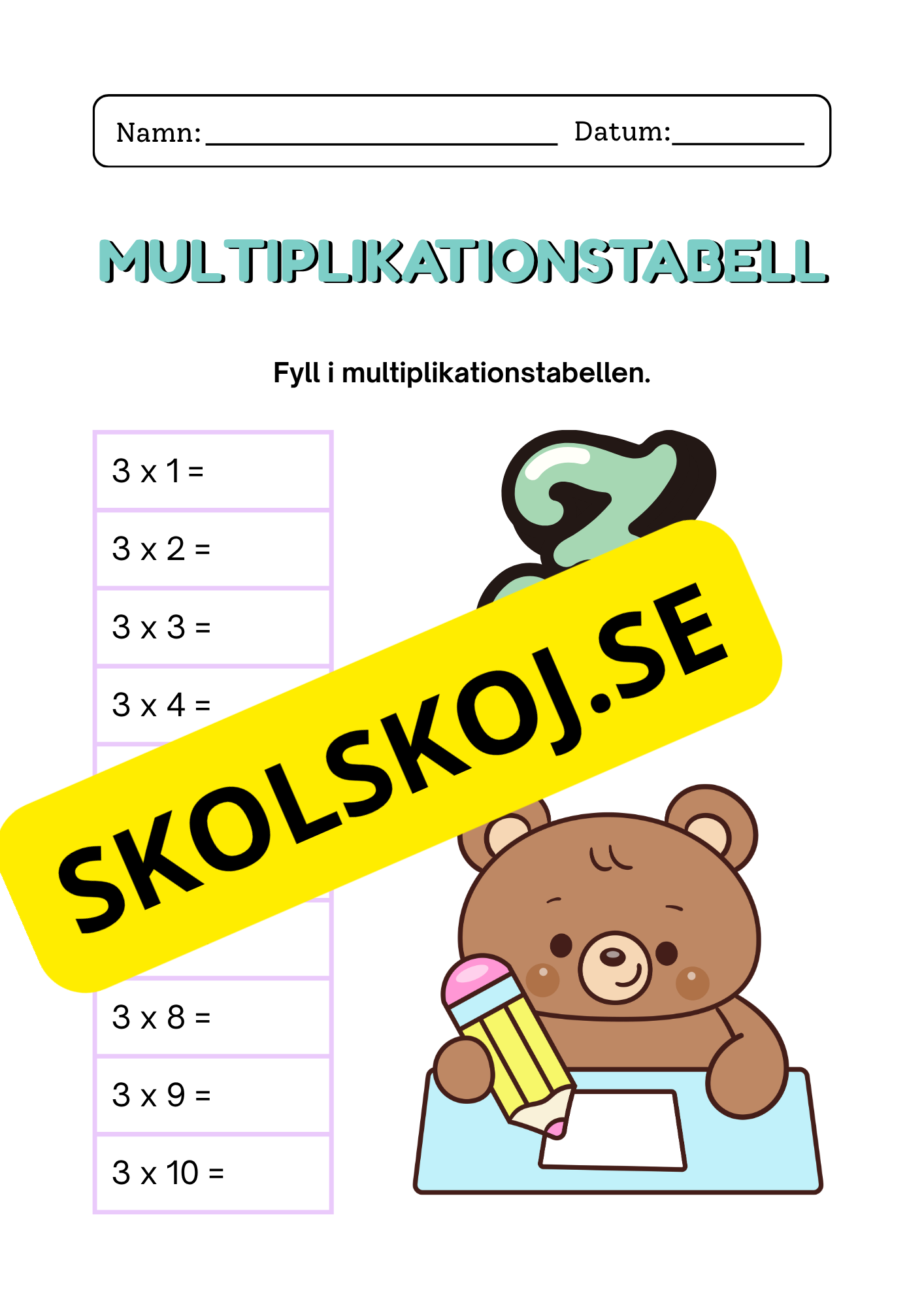Multiplikationstabell 2–9