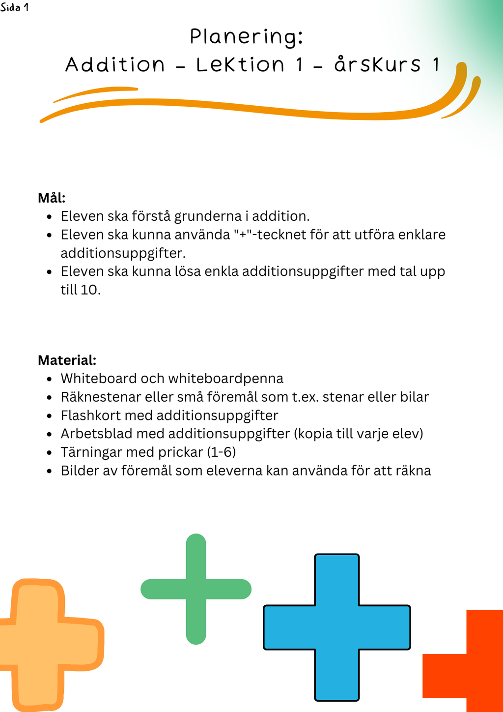 Planering: Addition - lektion 1 - årskurs 1