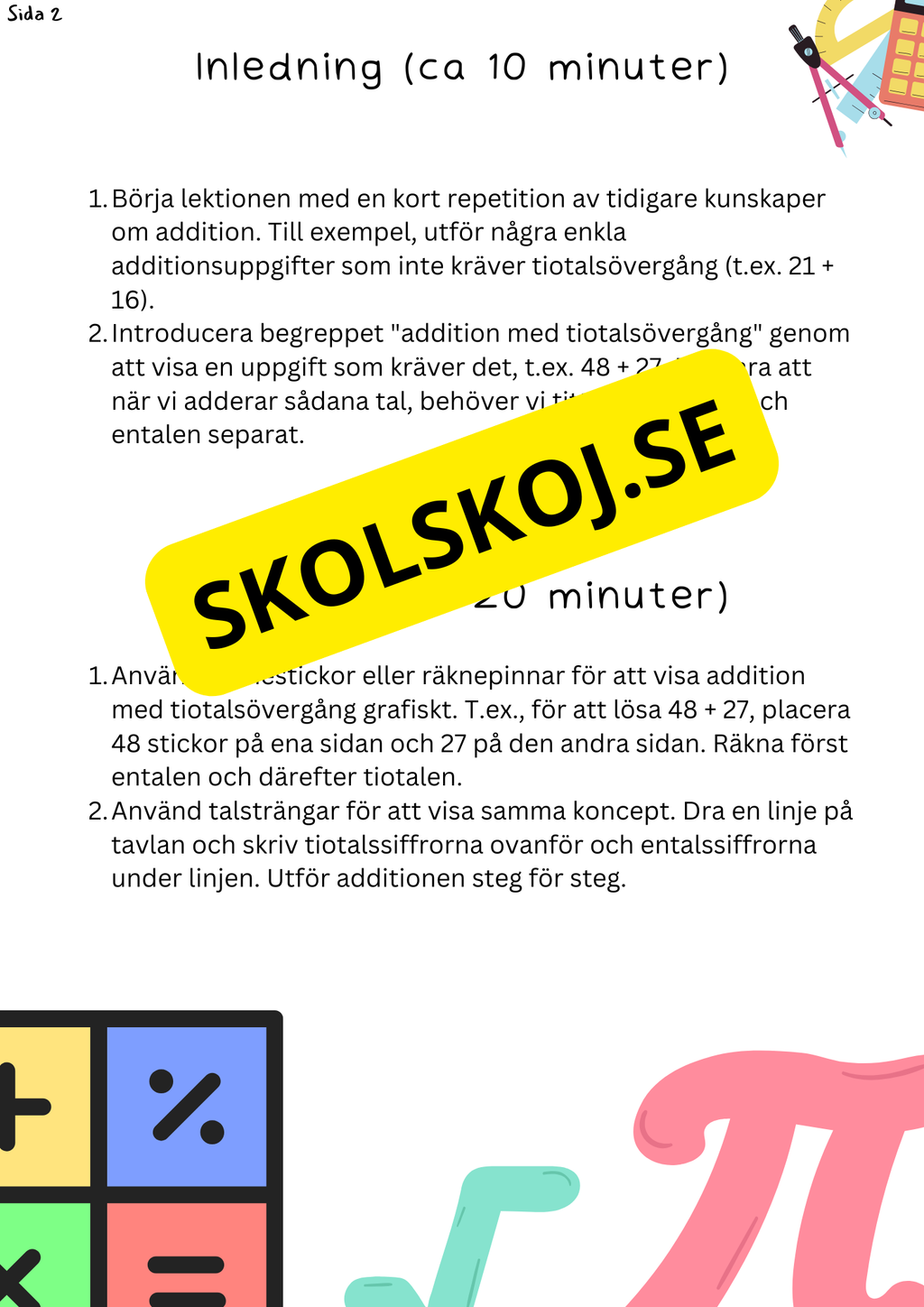 Planering: Addition med tiotalsövergång - Lektion 1 - Årskurs 2