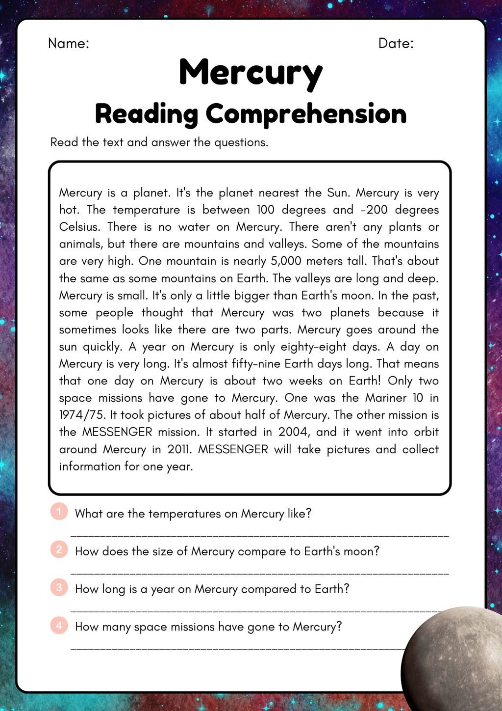 Planets English reading comprehension