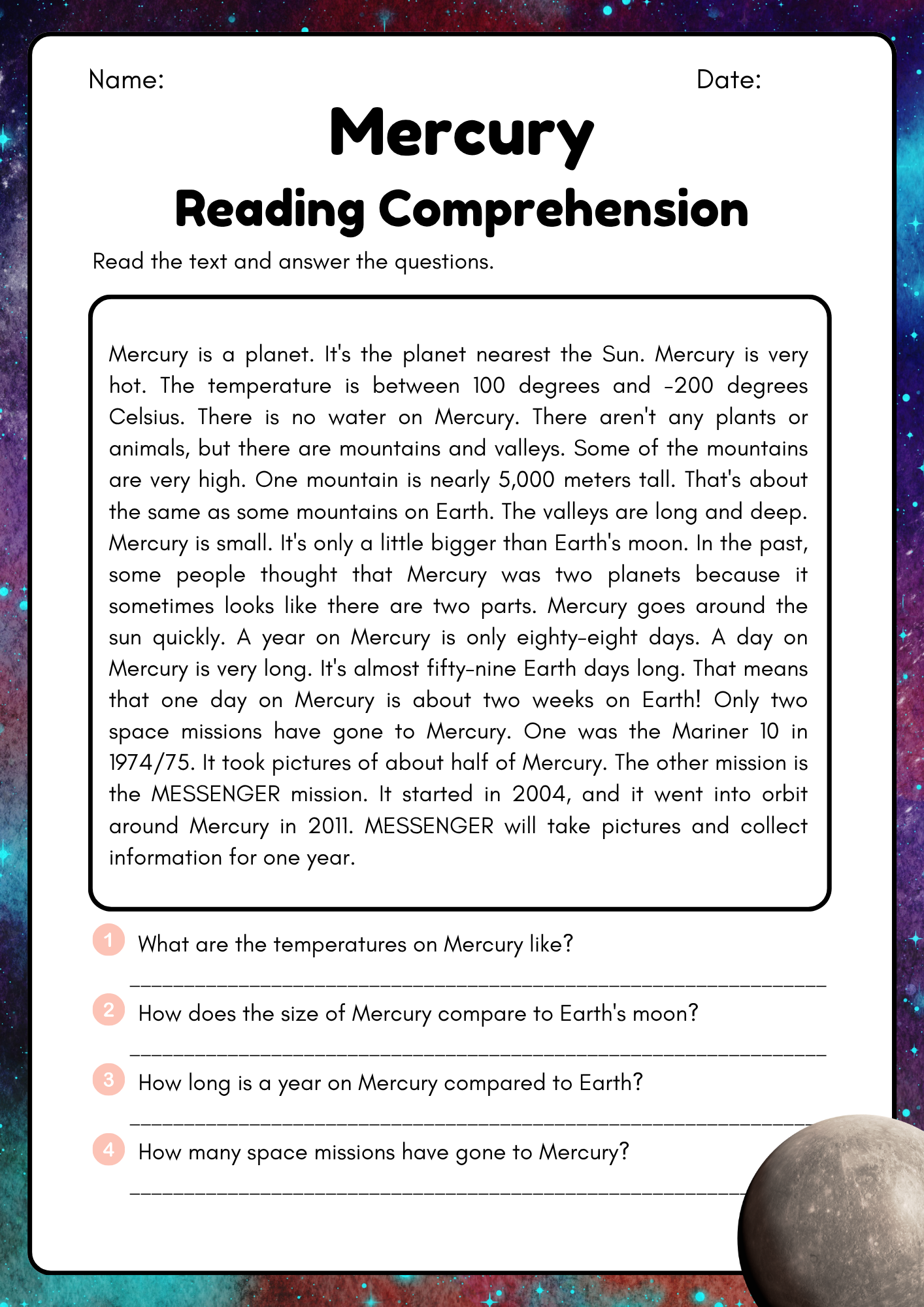 Planets English reading comprehension