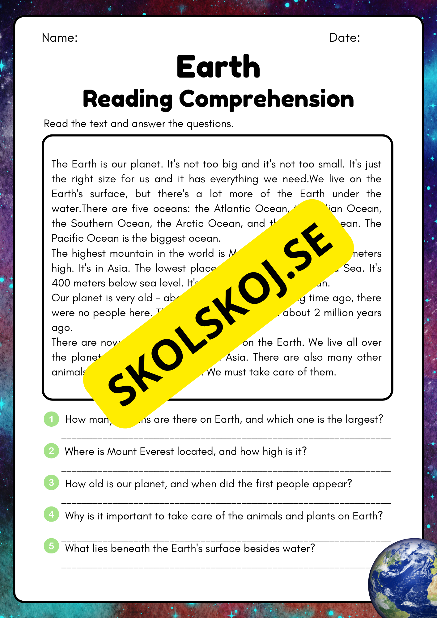 Planets English reading comprehension