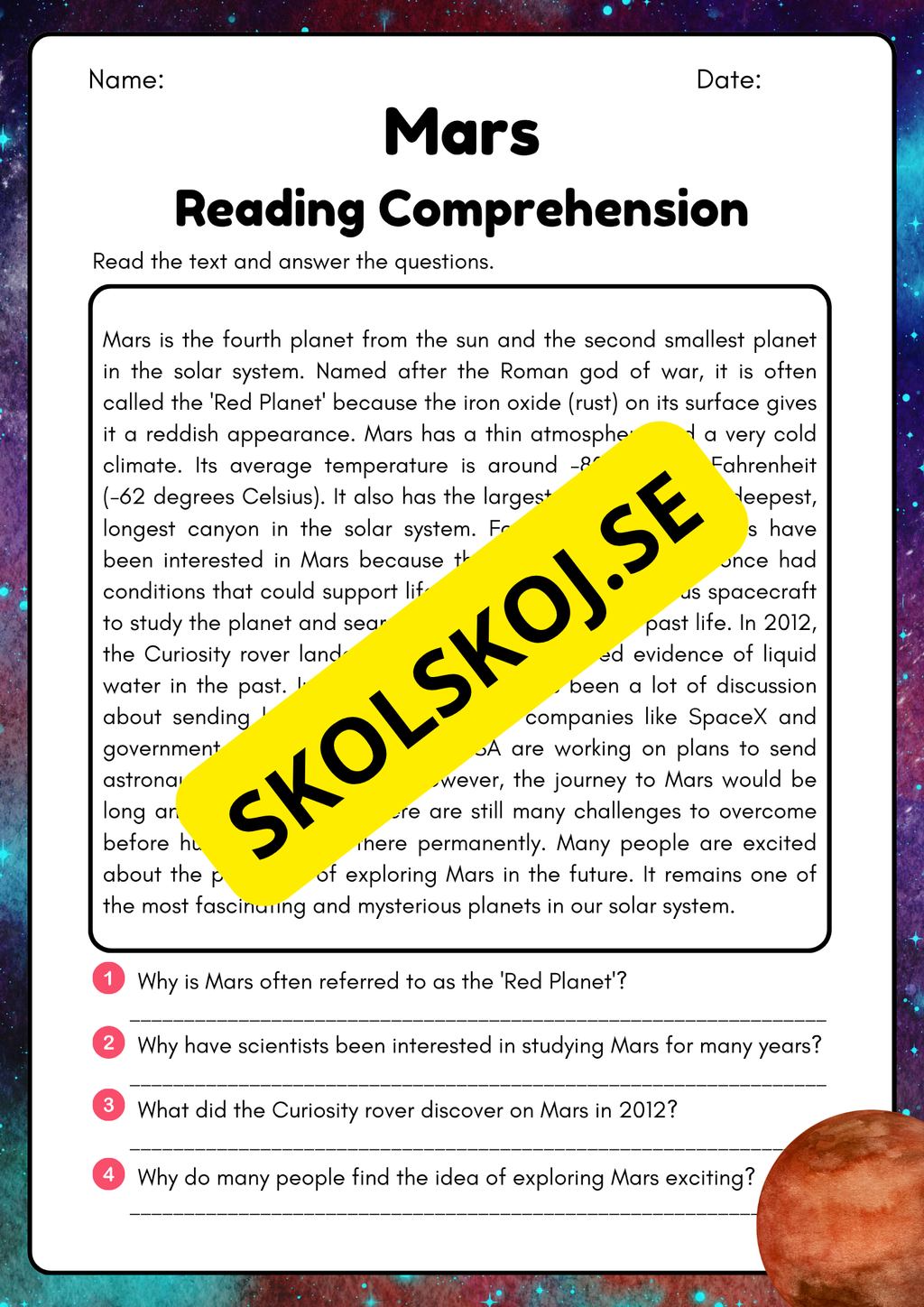 Planets English reading comprehension