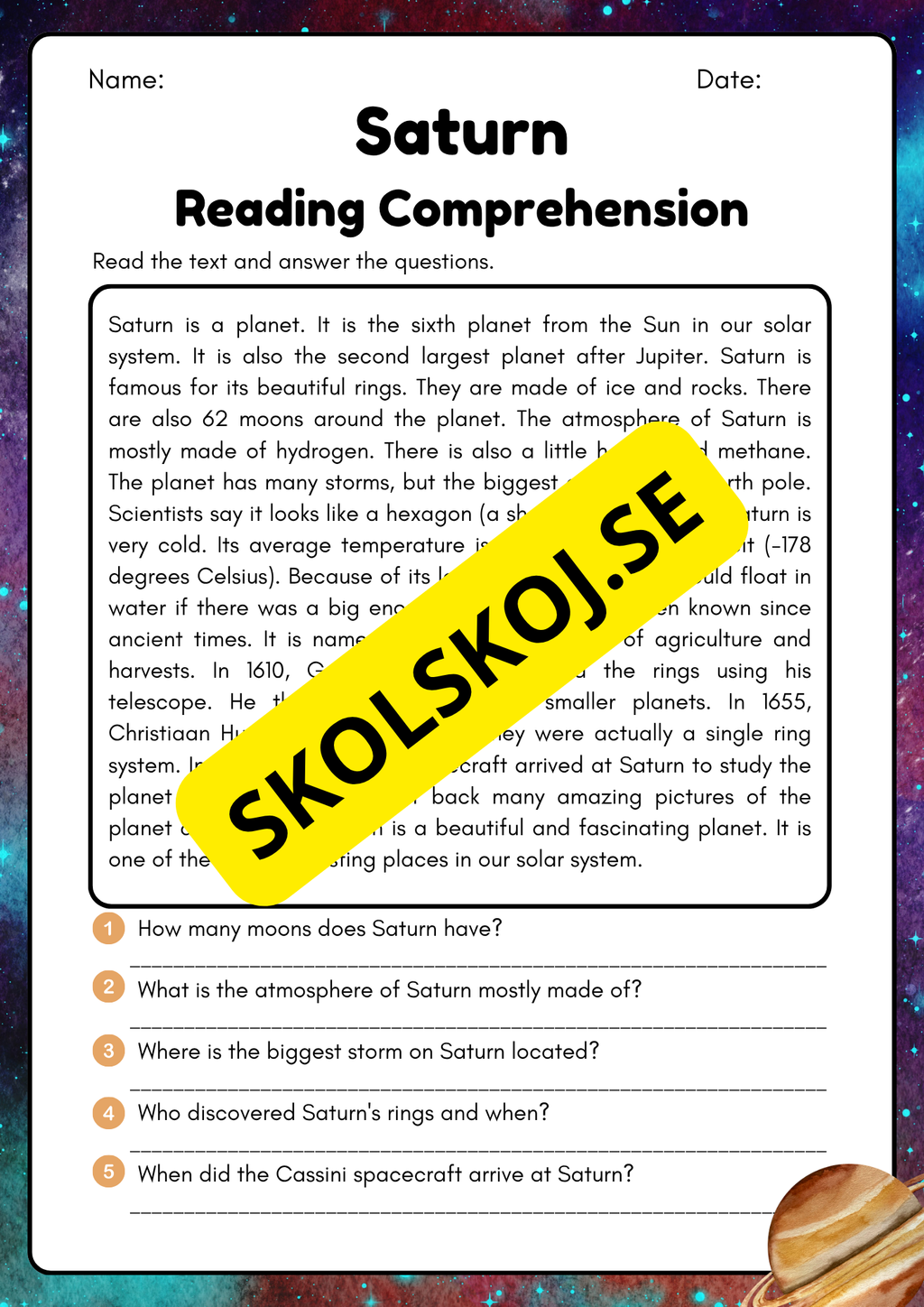 Planets English reading comprehension