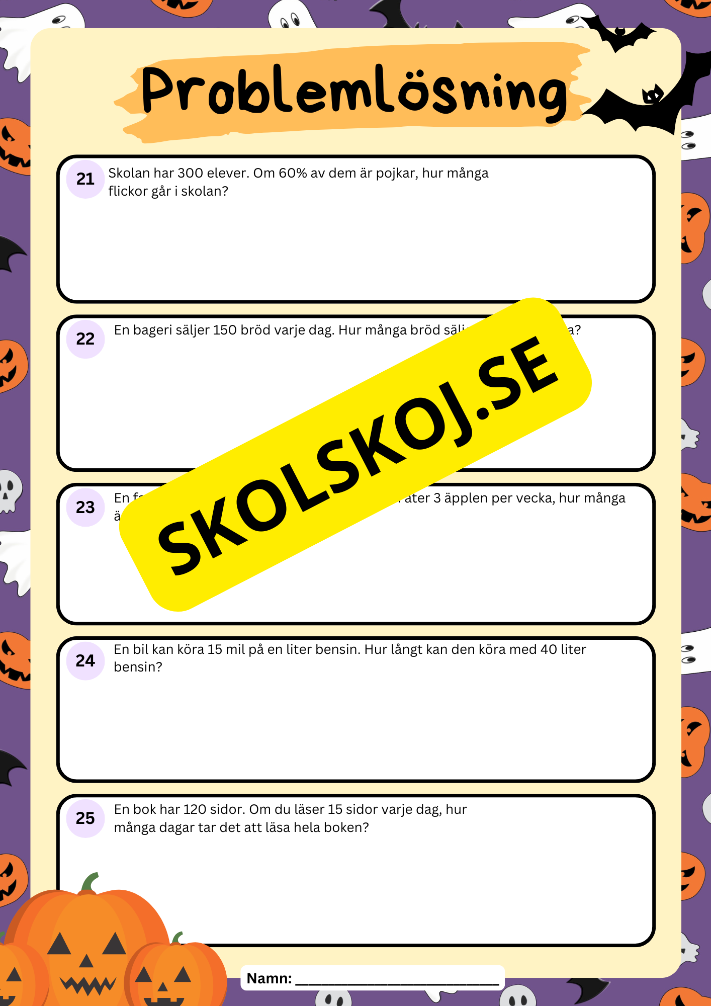 Problemlösningsuppgifter matematik - Halloween - Årskurs 3