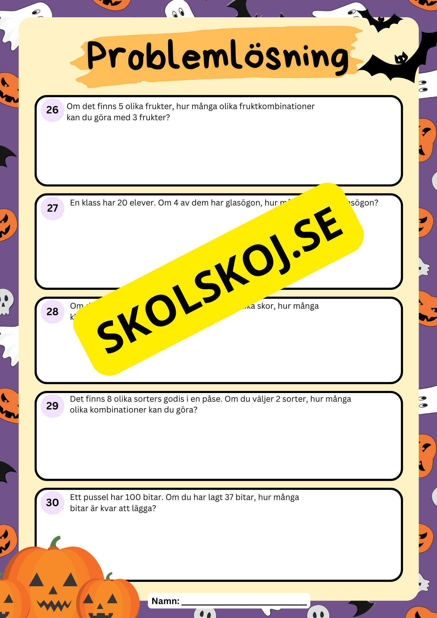 Problemlösningsuppgifter matematik - Halloween - Årskurs 3