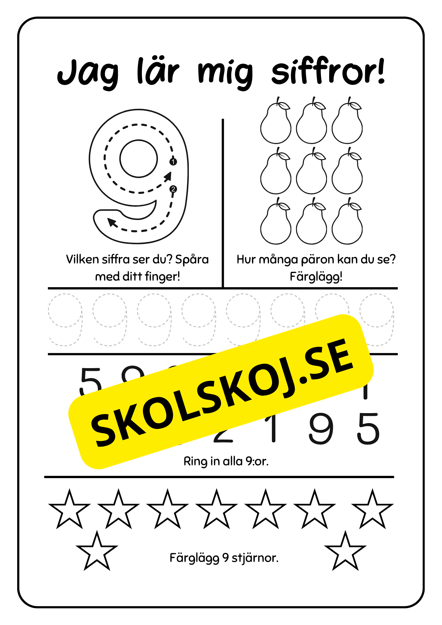 Räkna och spåra siffror 1 - 9