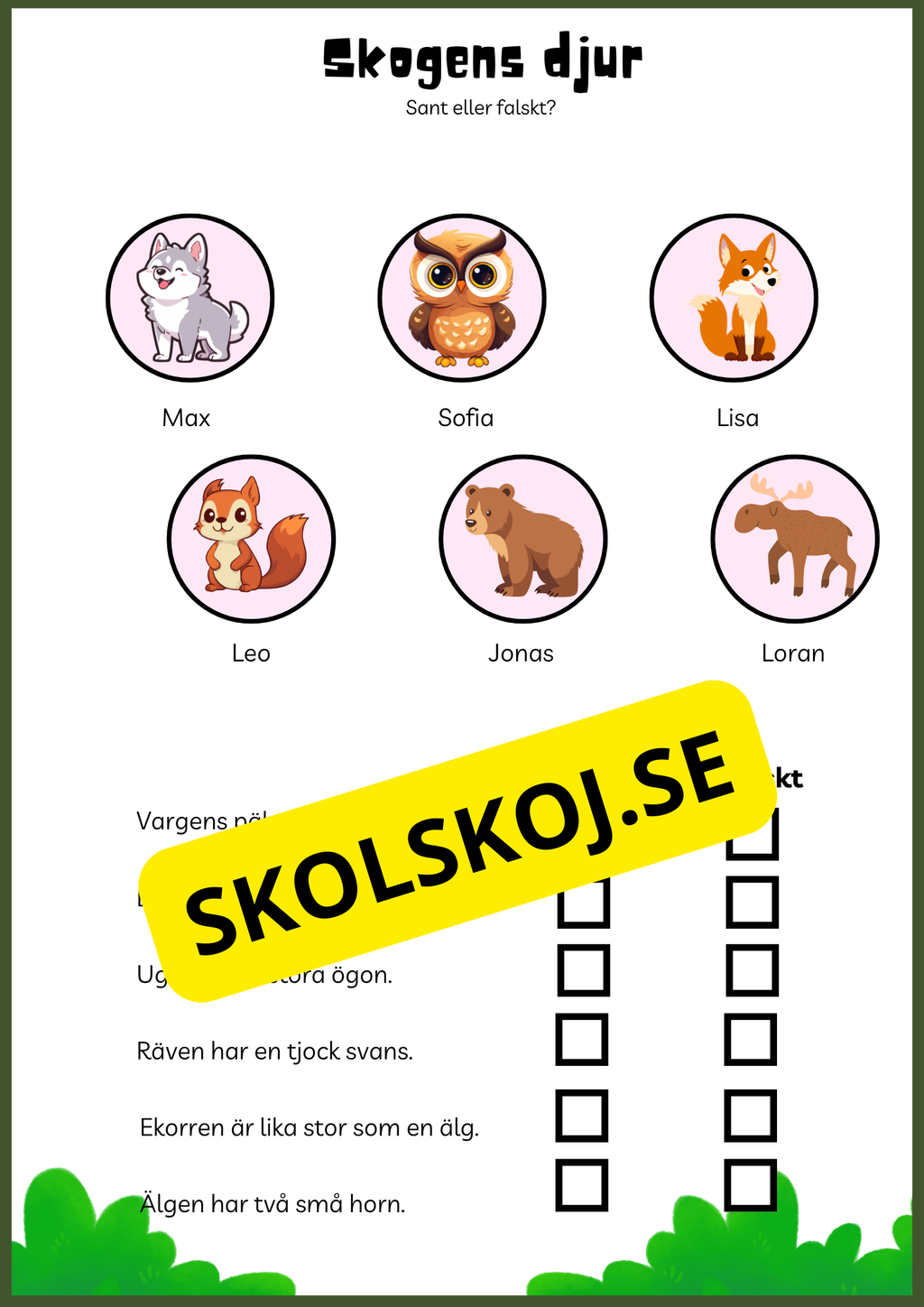 Skogens djur - Enkel läsförståelse