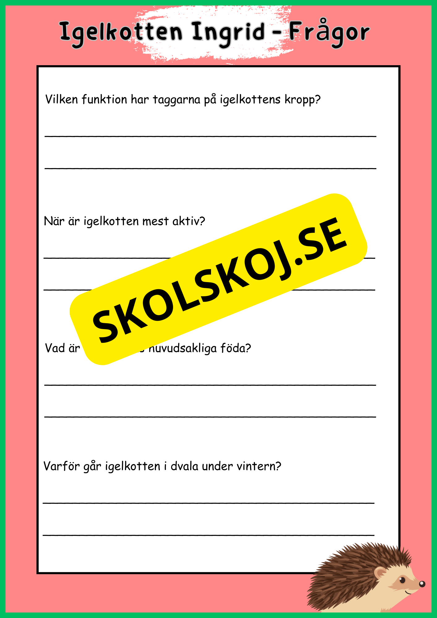 Skogens djur - Igelkott - Fakta - Läsförståelse