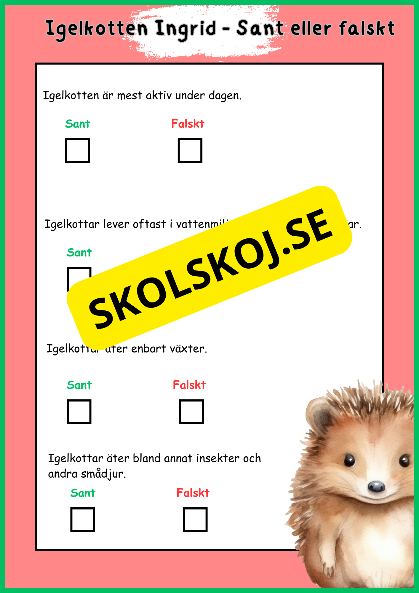 Skogens djur - Igelkott - Fakta - Läsförståelse