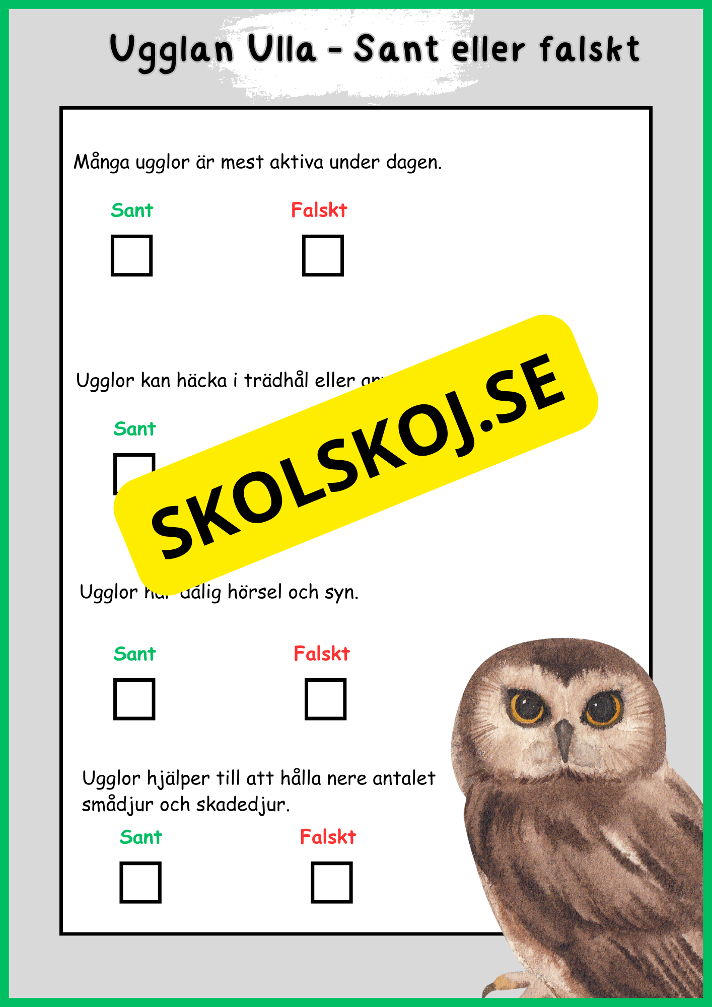 Skogens djur - Uggla - Fakta - Läsförståelse