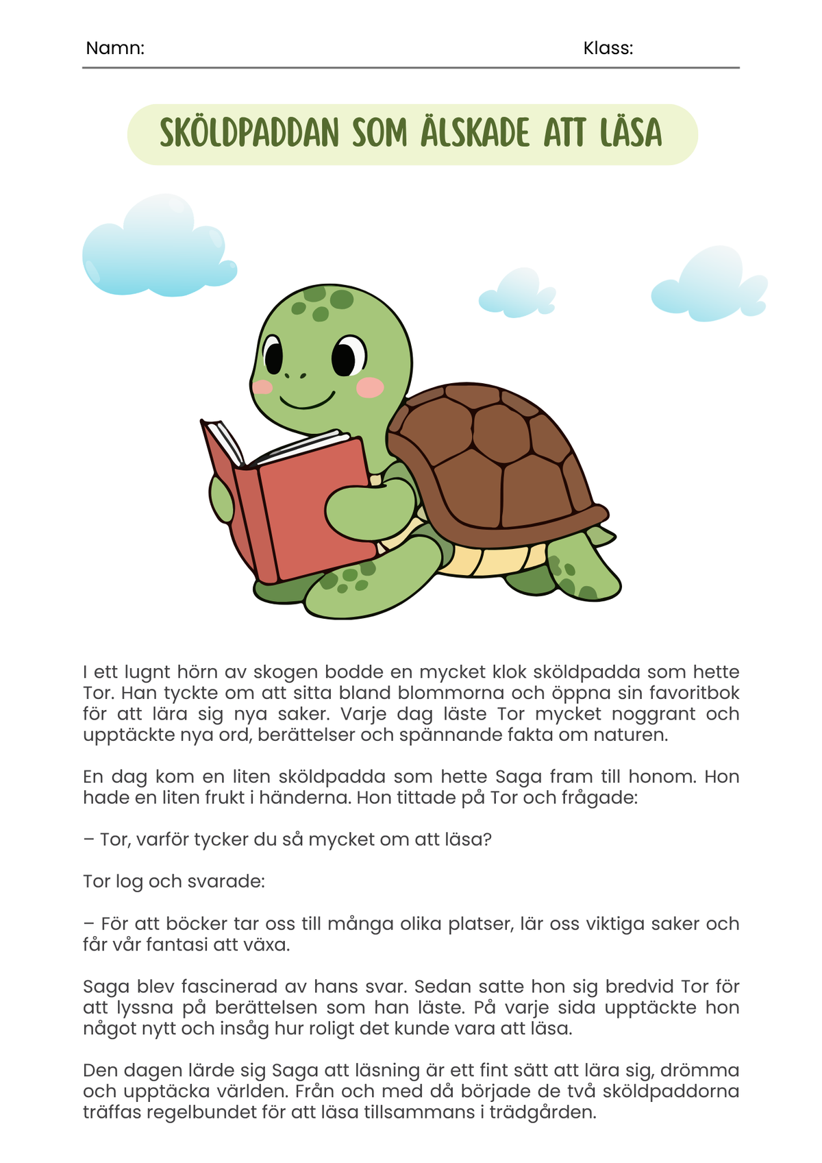 Sköldpaddan som älskade att läsa - Läsförståelse