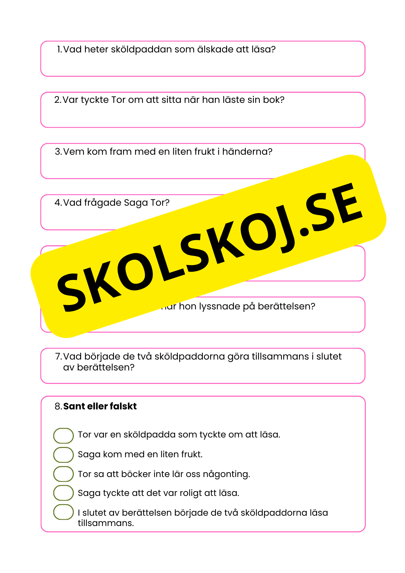 Sköldpaddan som älskade att läsa - Läsförståelse