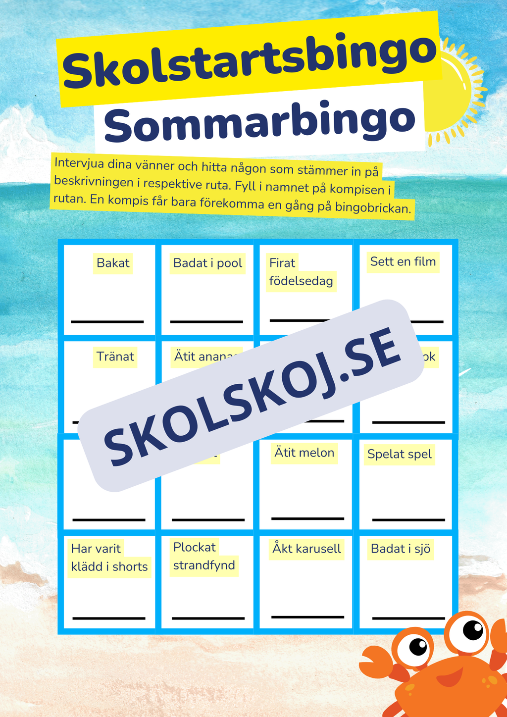 Skolstartsbingo sommarbingo