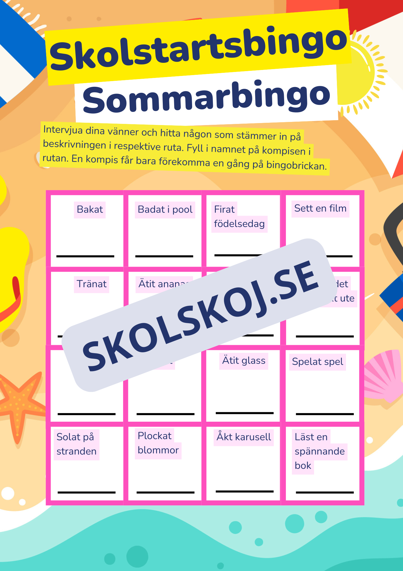 Skolstartsbingo sommarbingo