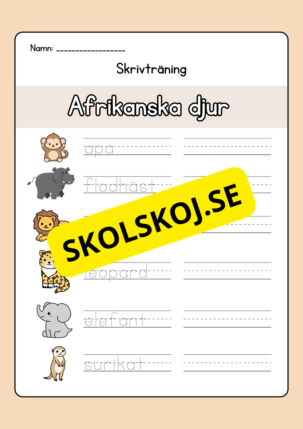 Skrivträning - Tema djur