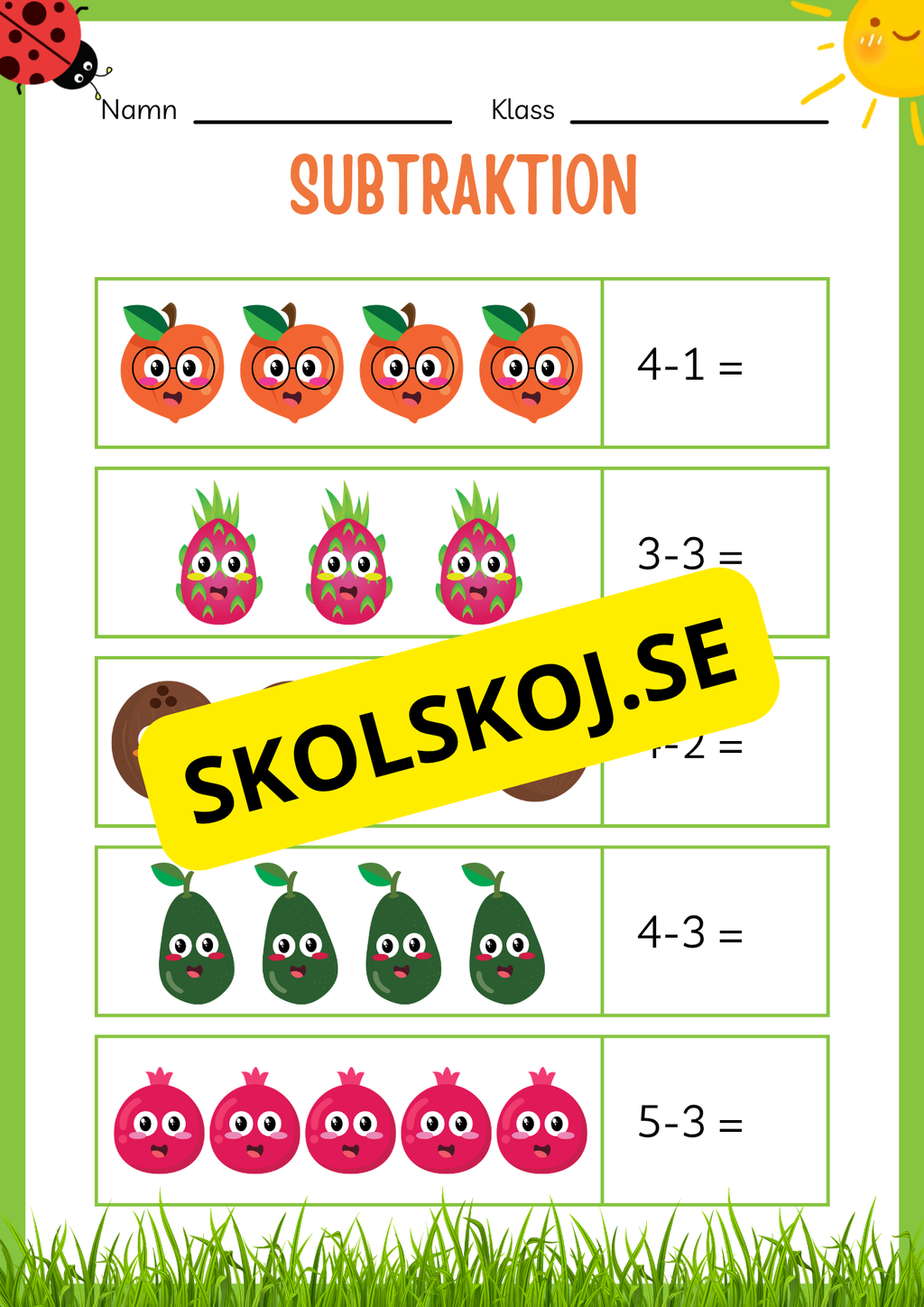Subtraktion 0 - 20 - Häfte (20 sidor)