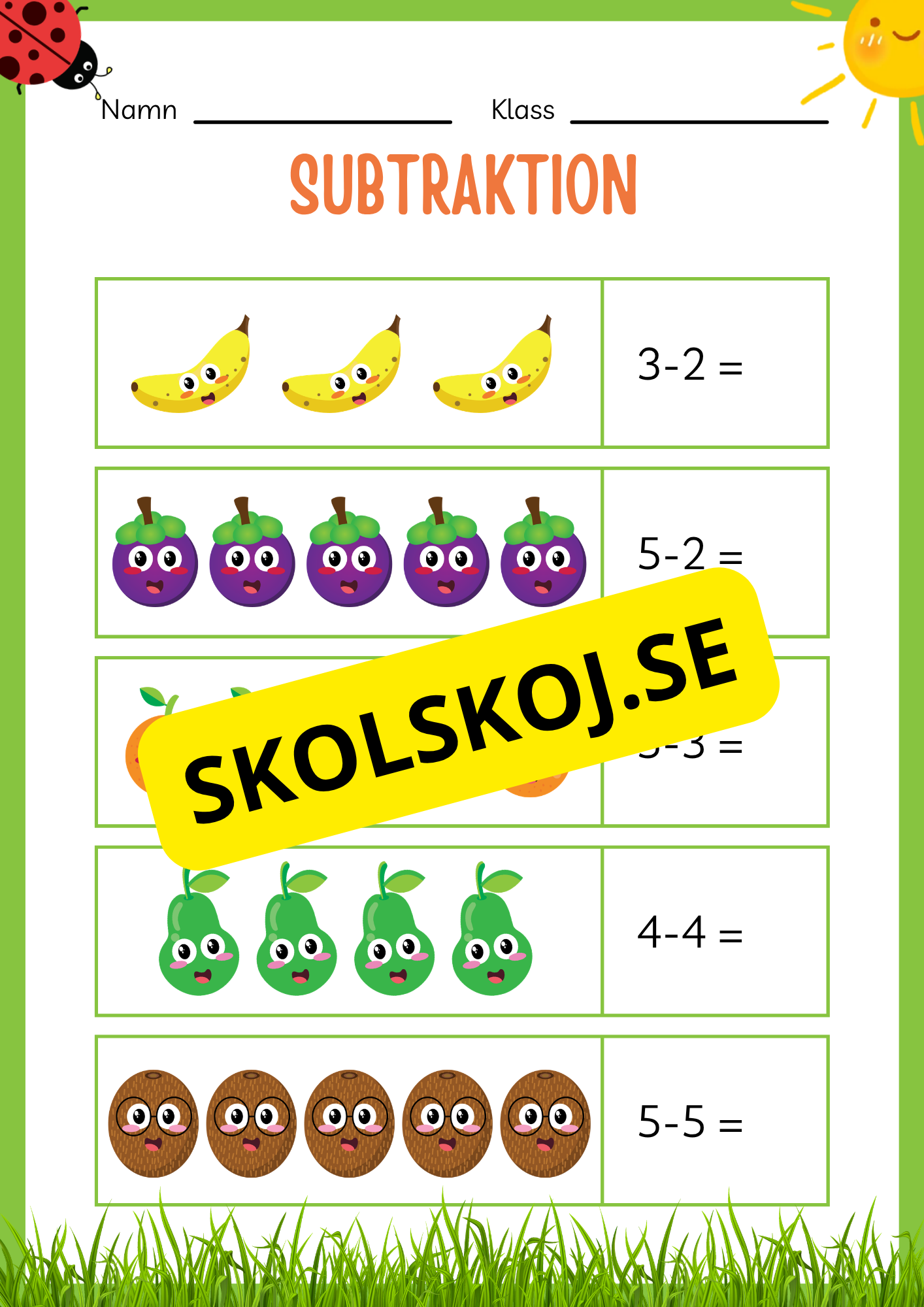 Subtraktion 0 - 20 - Häfte (20 sidor)