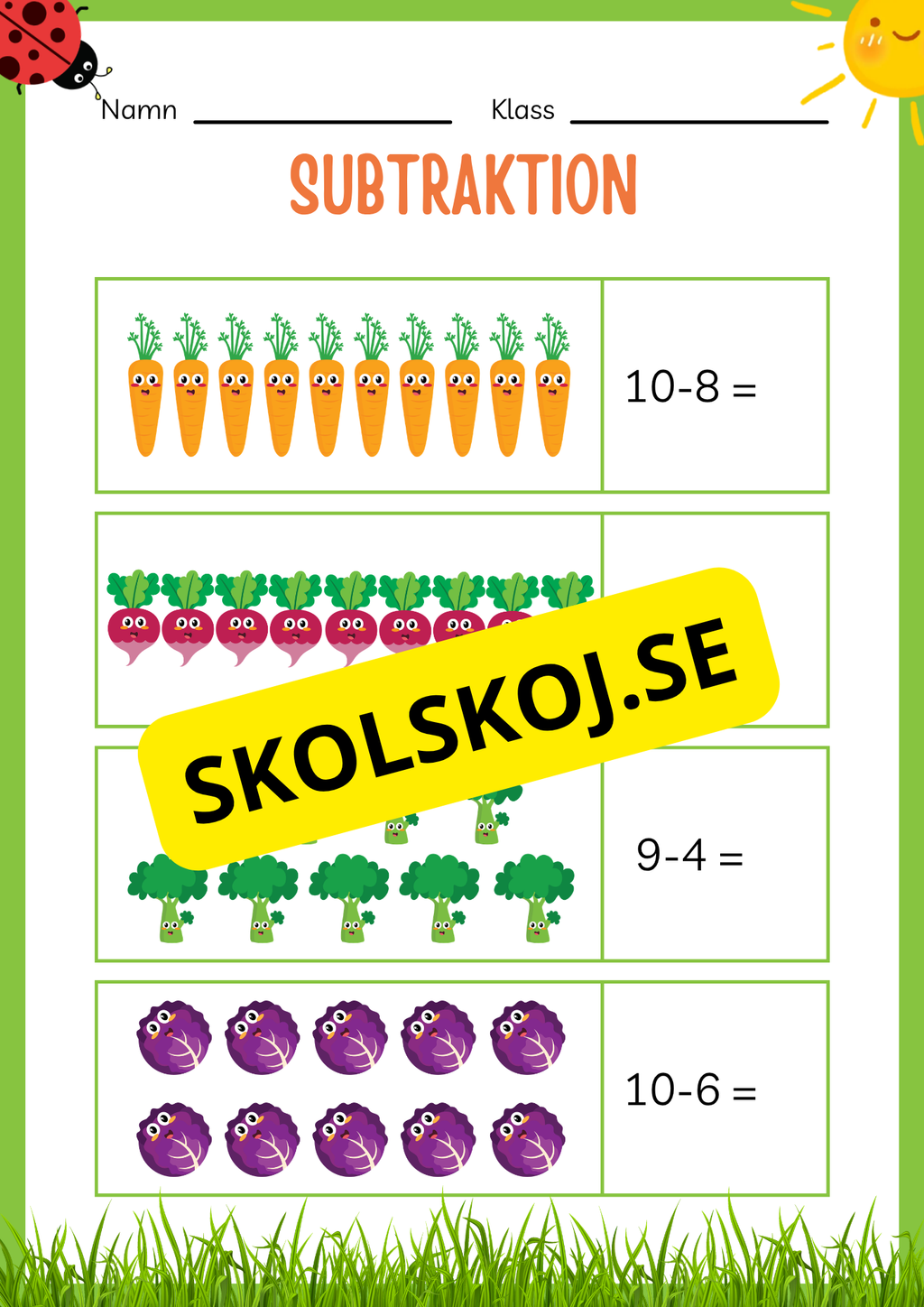Subtraktion 0 - 20 - Häfte (20 sidor)