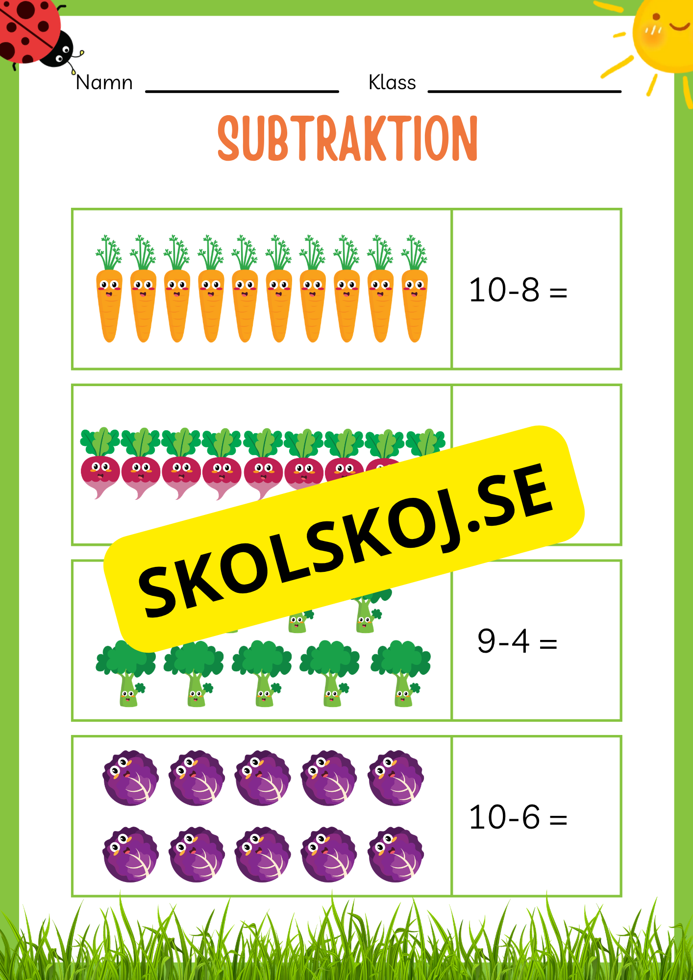 Subtraktion 0 - 20 - Häfte (20 sidor)