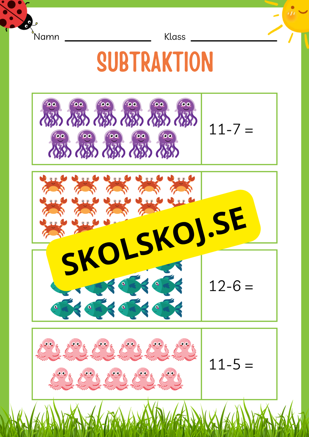 Subtraktion 0 - 20 - Häfte (20 sidor)