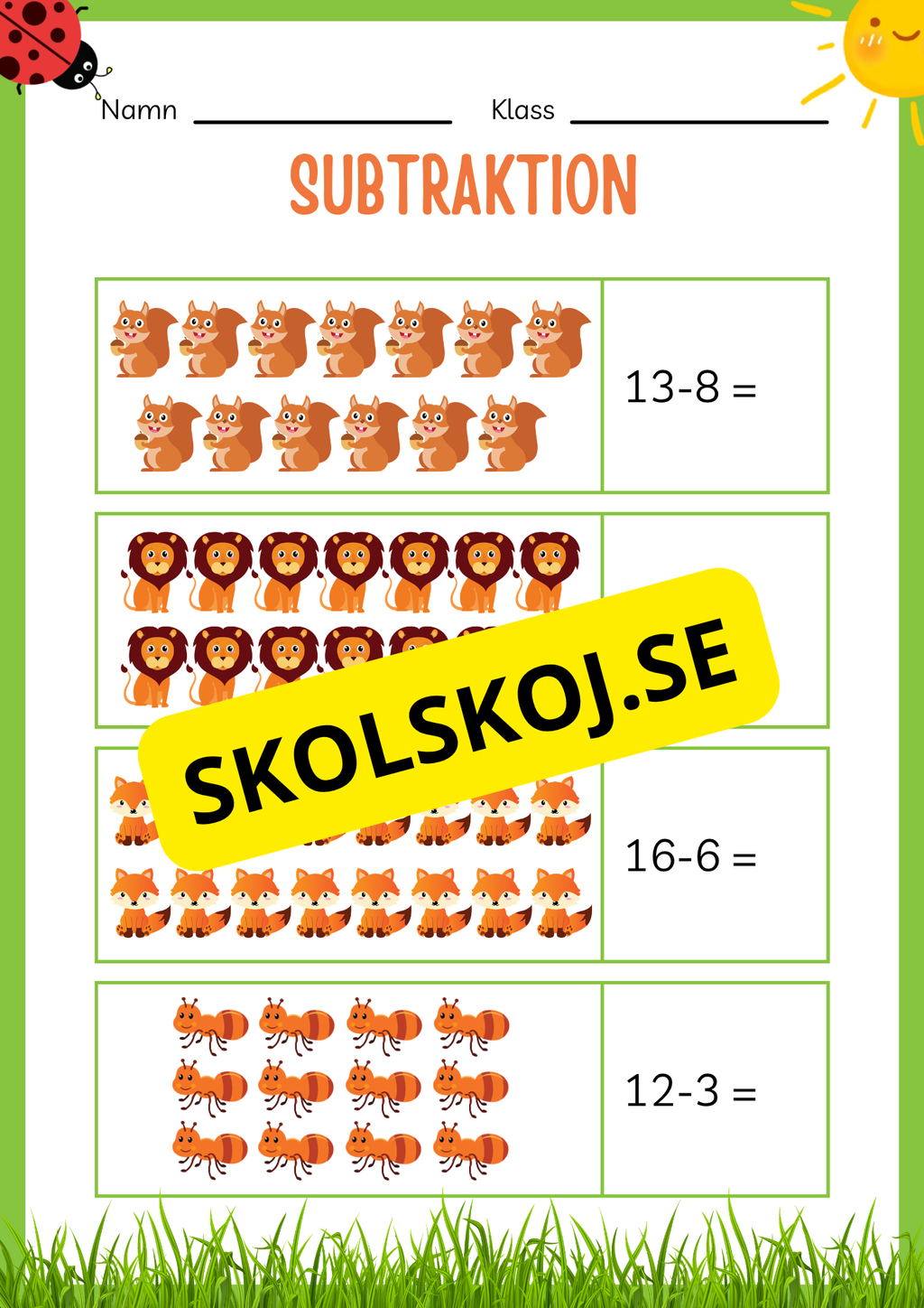 Subtraktion 0 - 20 - Häfte (20 sidor)