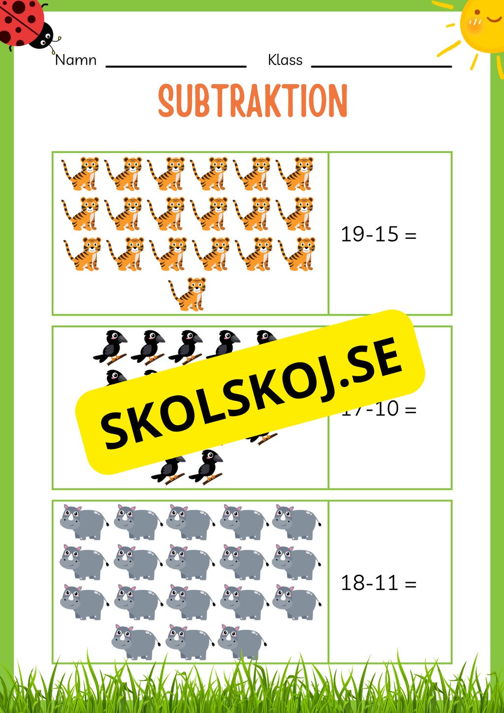 Subtraktion 0 - 20 - Häfte (20 sidor)