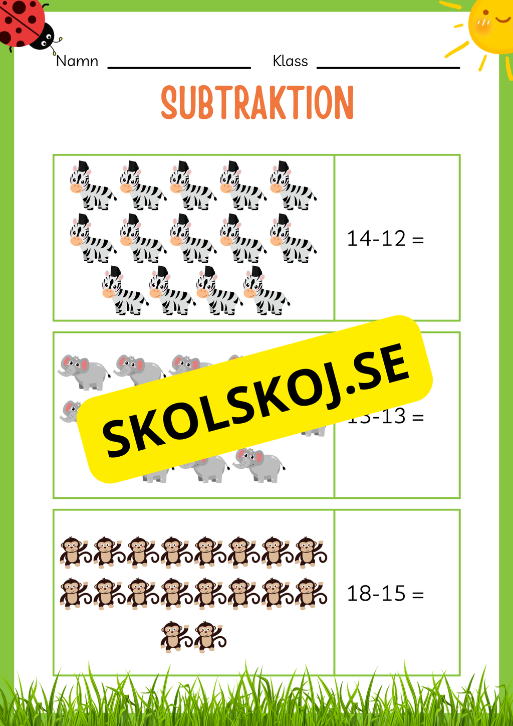Subtraktion 0 - 20 - Häfte (20 sidor)
