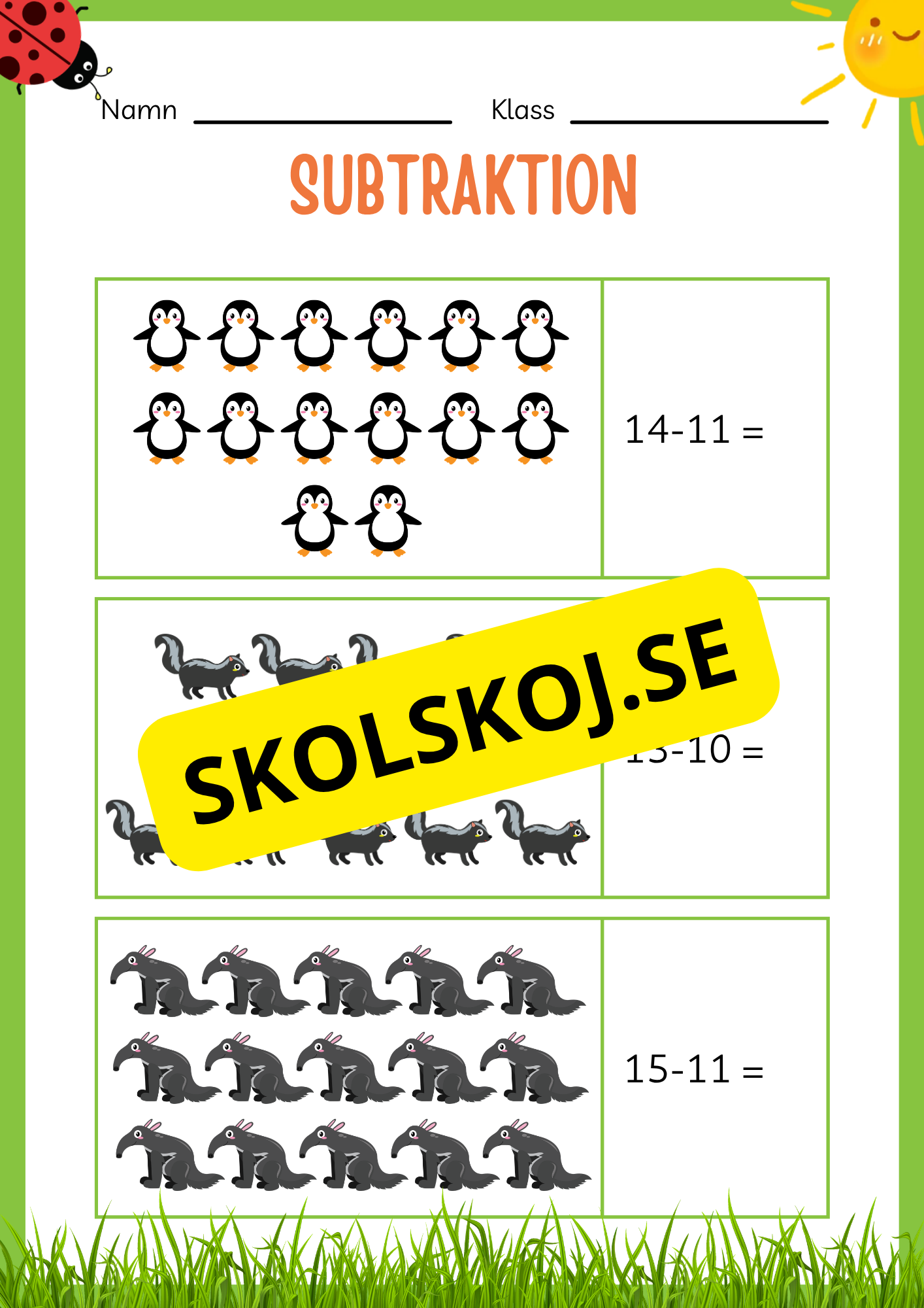 Subtraktion 0 - 20 - Häfte (20 sidor)