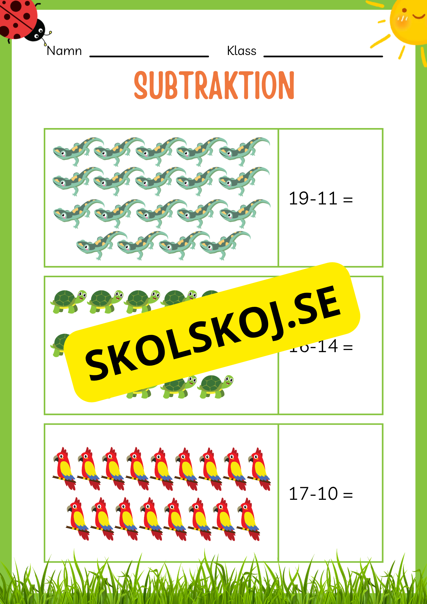 Subtraktion 0 - 20 - Häfte (20 sidor)