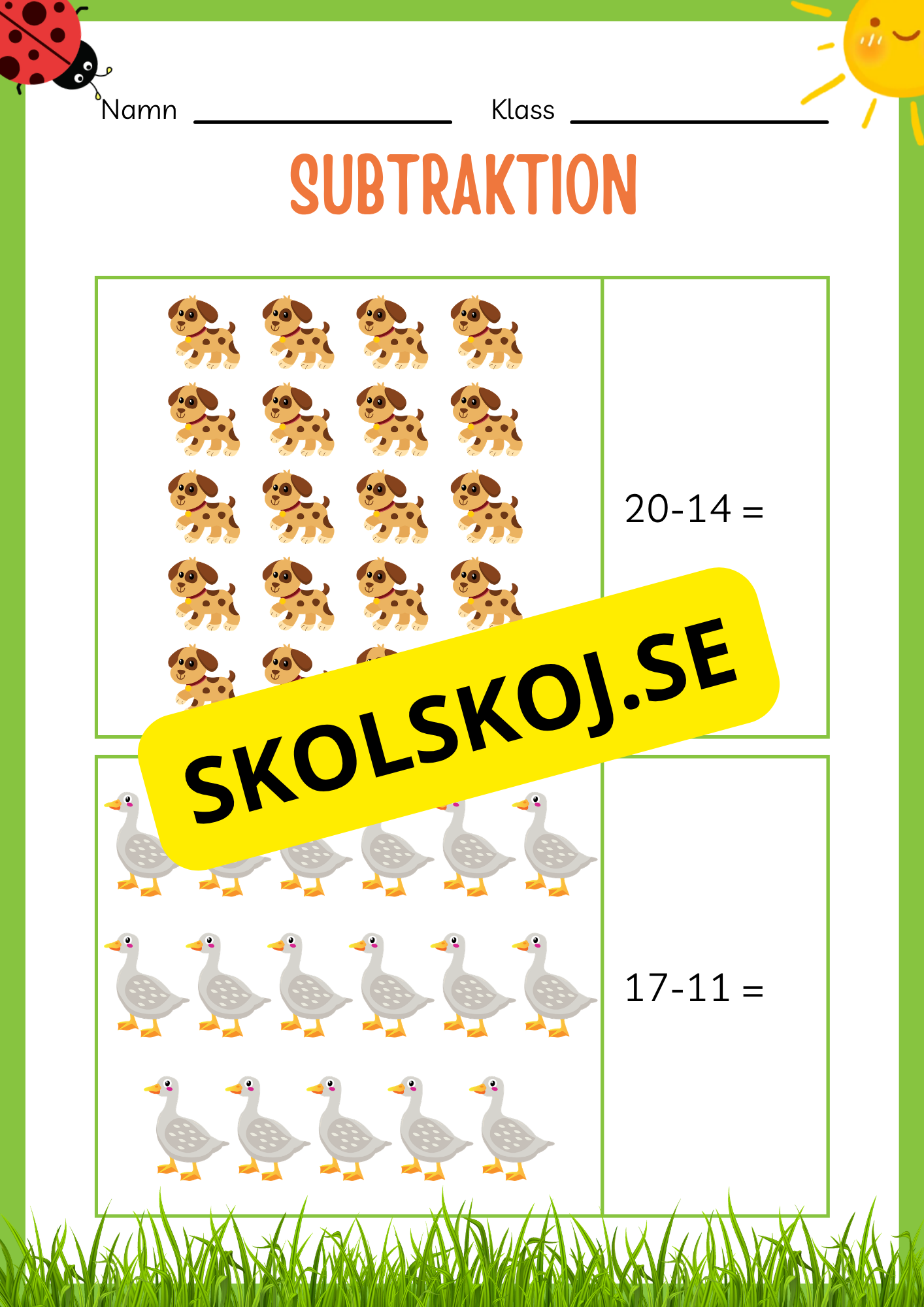 Subtraktion 0 - 20 - Häfte (20 sidor)