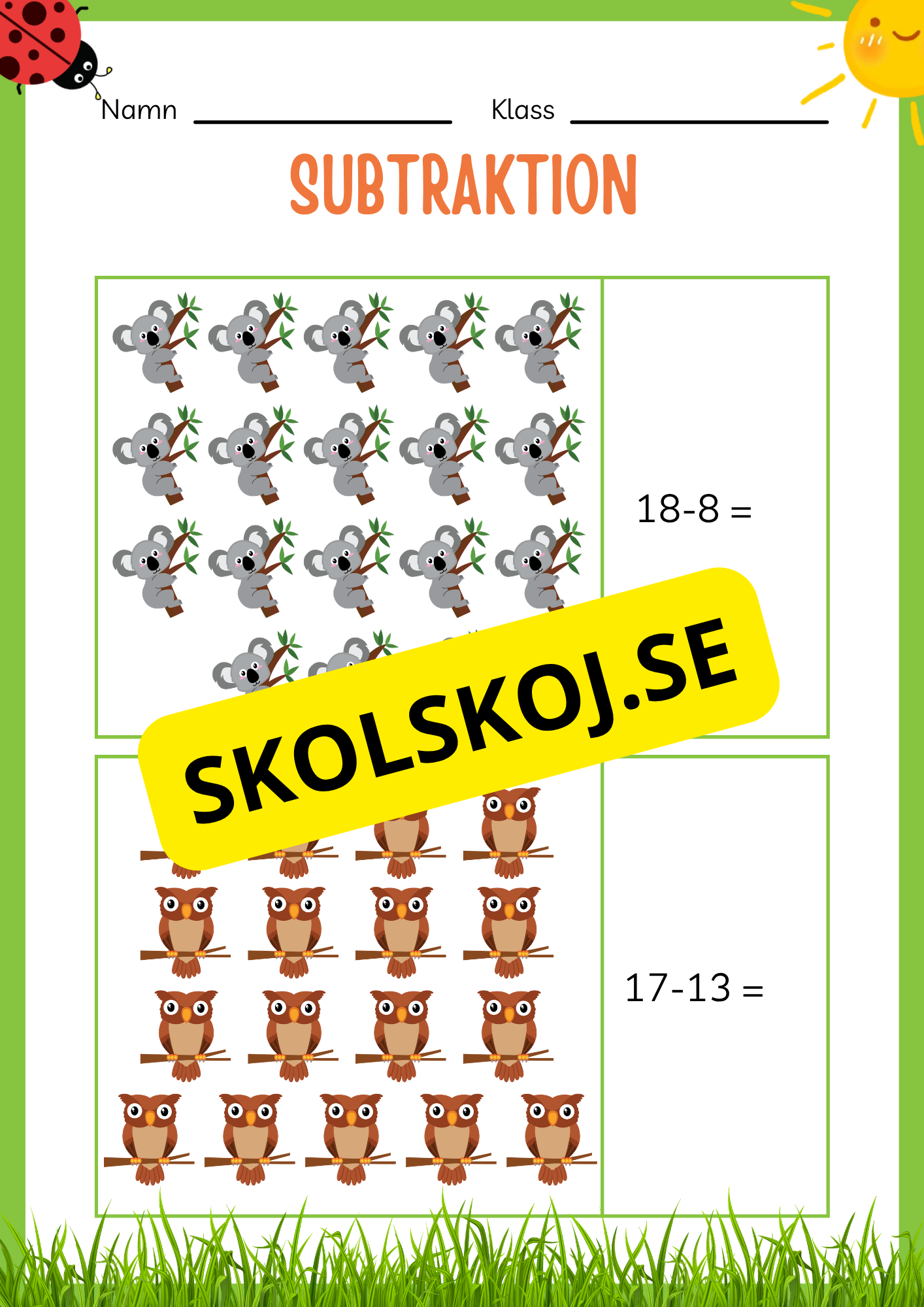 Subtraktion 0 - 20 - Häfte (20 sidor)