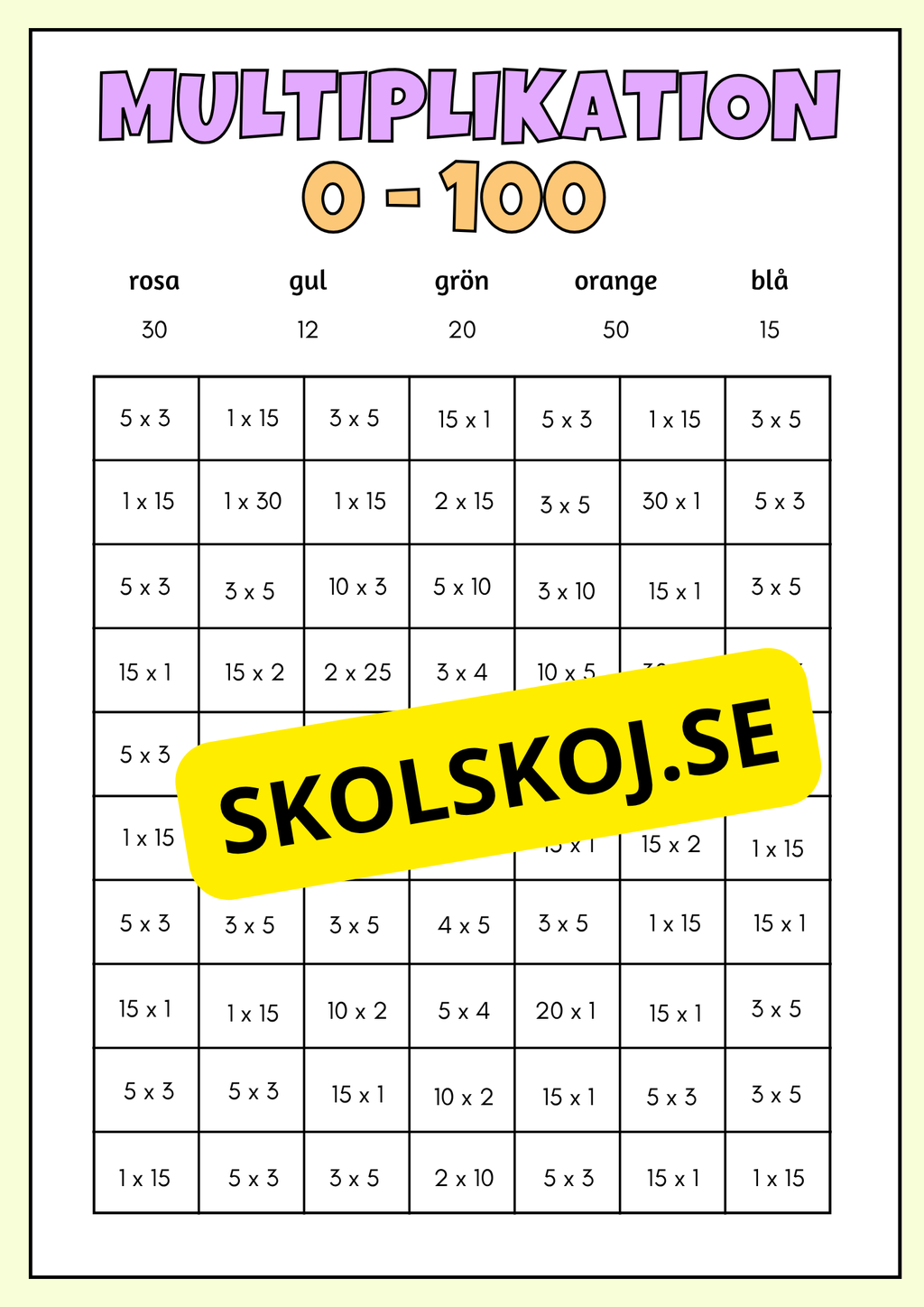 Träna multiplikation 0 - 100