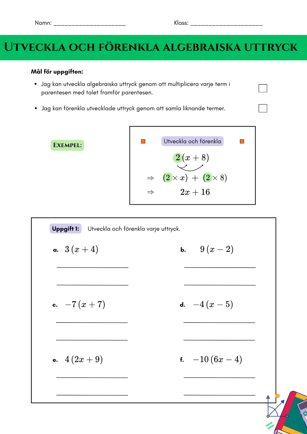 Utveckla och förenkla algebraiska uttryck - Årskurs 7 - 9