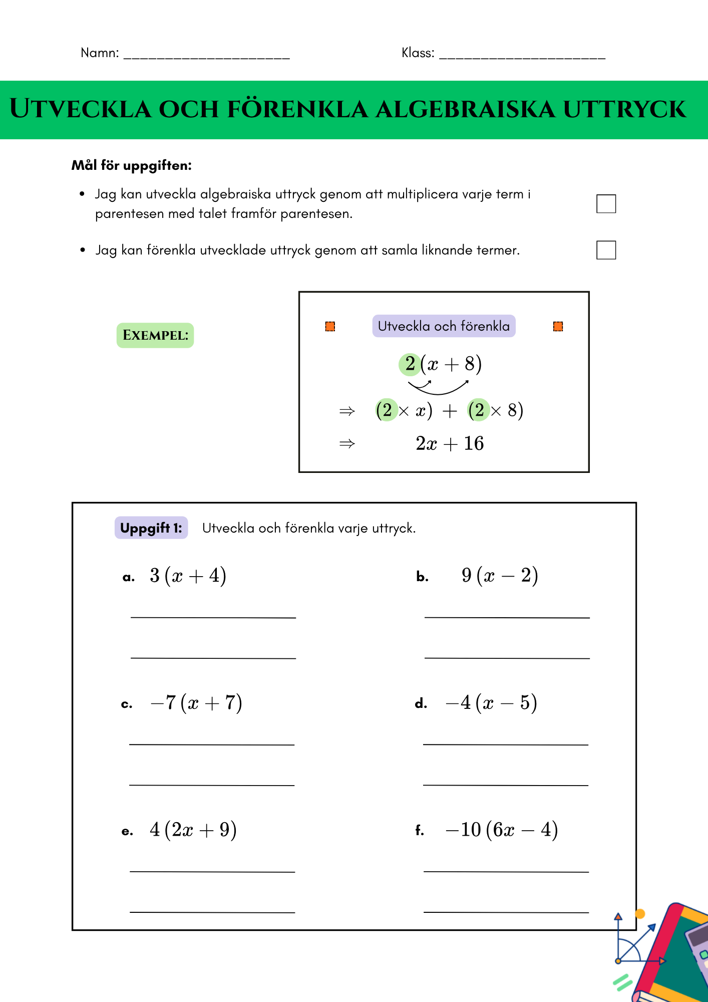 Utveckla och förenkla algebraiska uttryck - Årskurs 7 - 9