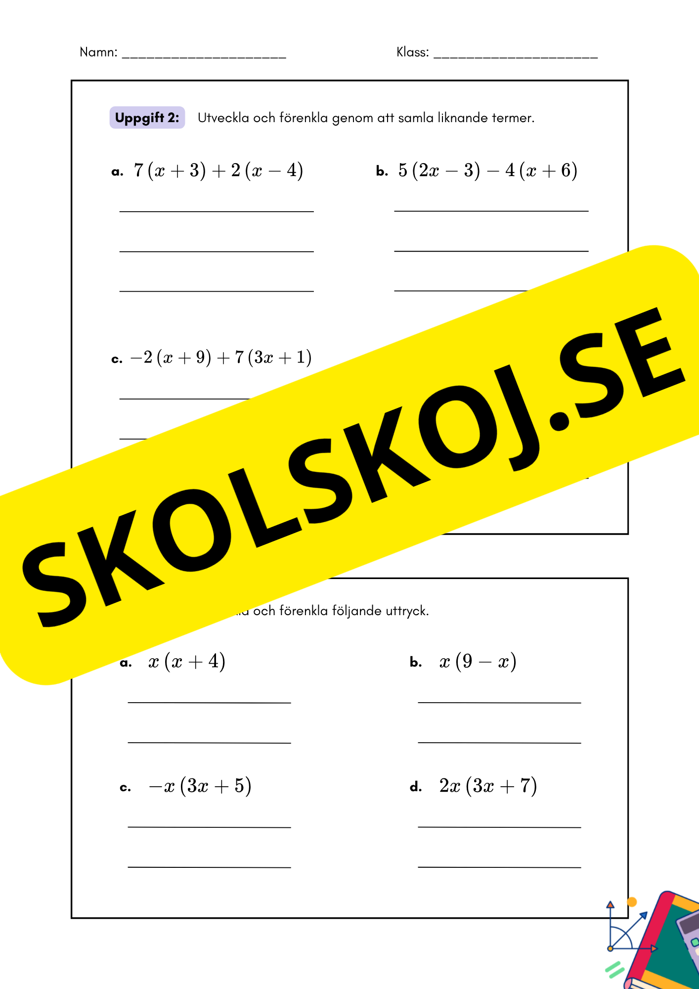 Utveckla och förenkla algebraiska uttryck - Årskurs 7 - 9