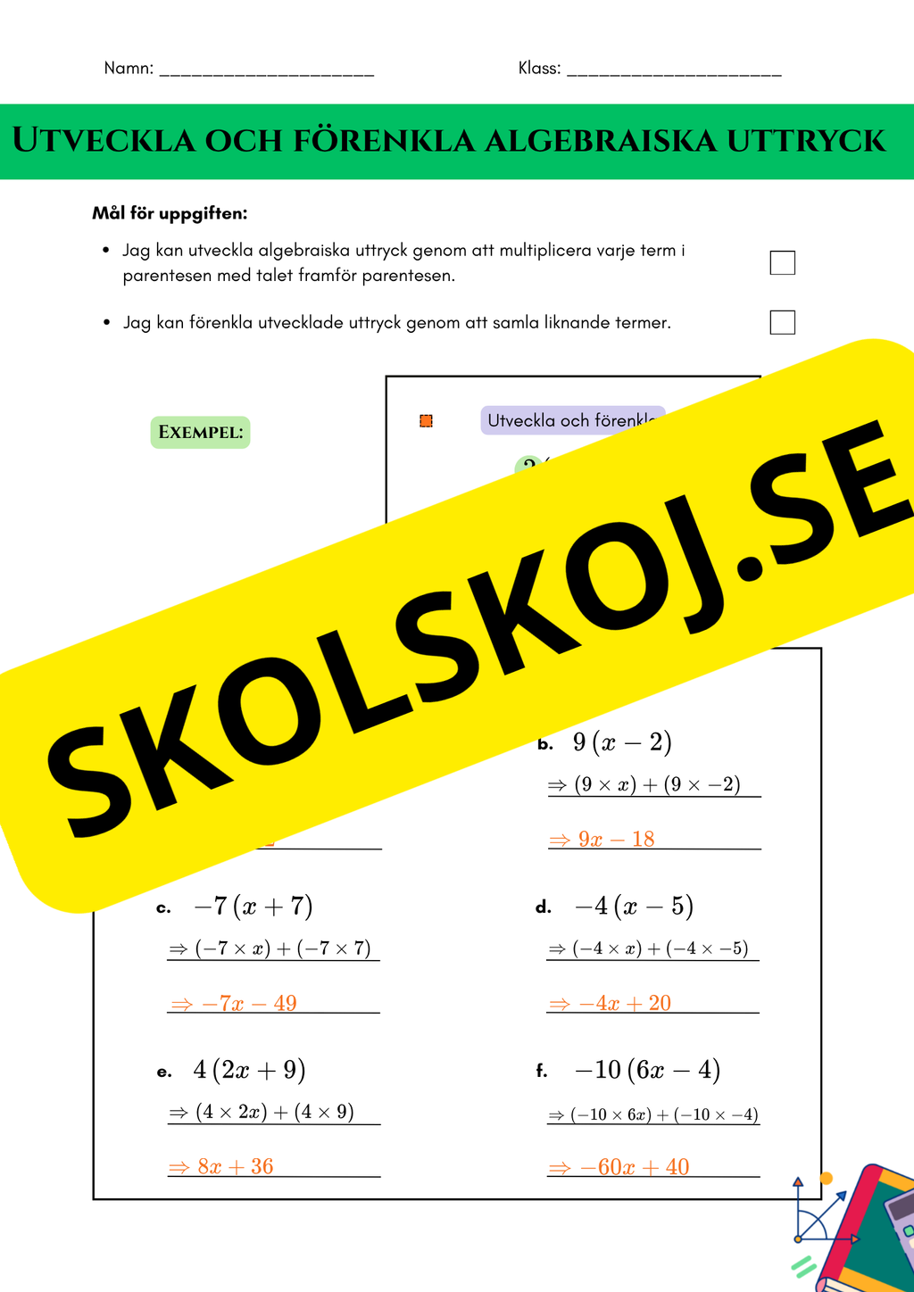 Utveckla och förenkla algebraiska uttryck - Årskurs 7 - 9