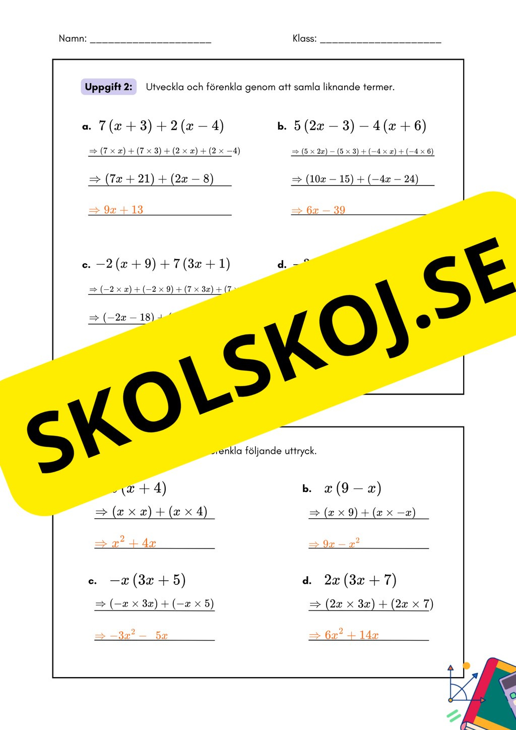 Utveckla och förenkla algebraiska uttryck - Årskurs 7 - 9
