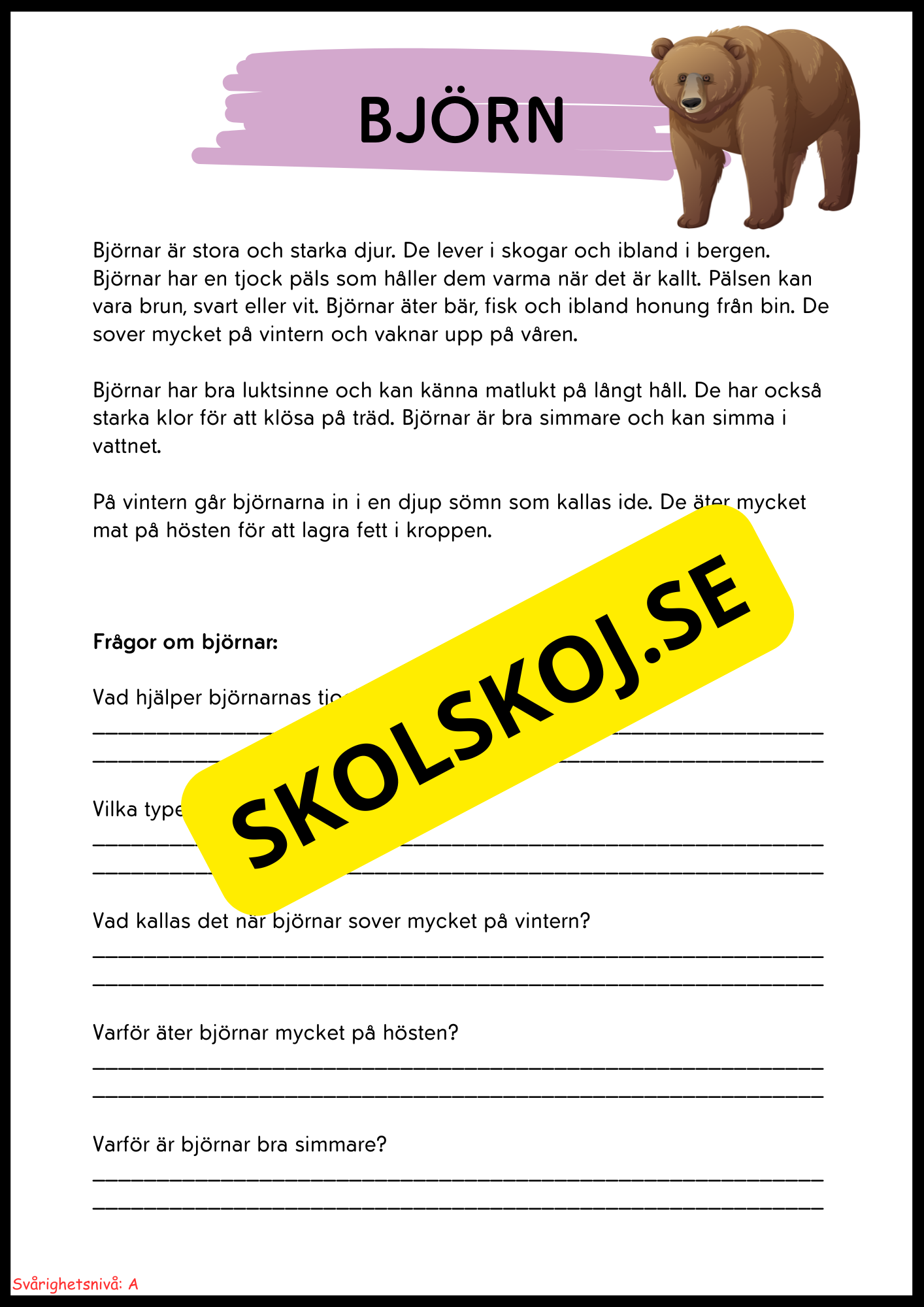Vilda djur i Sverige – Läsförståelse med två nivåer för lågstadiet
