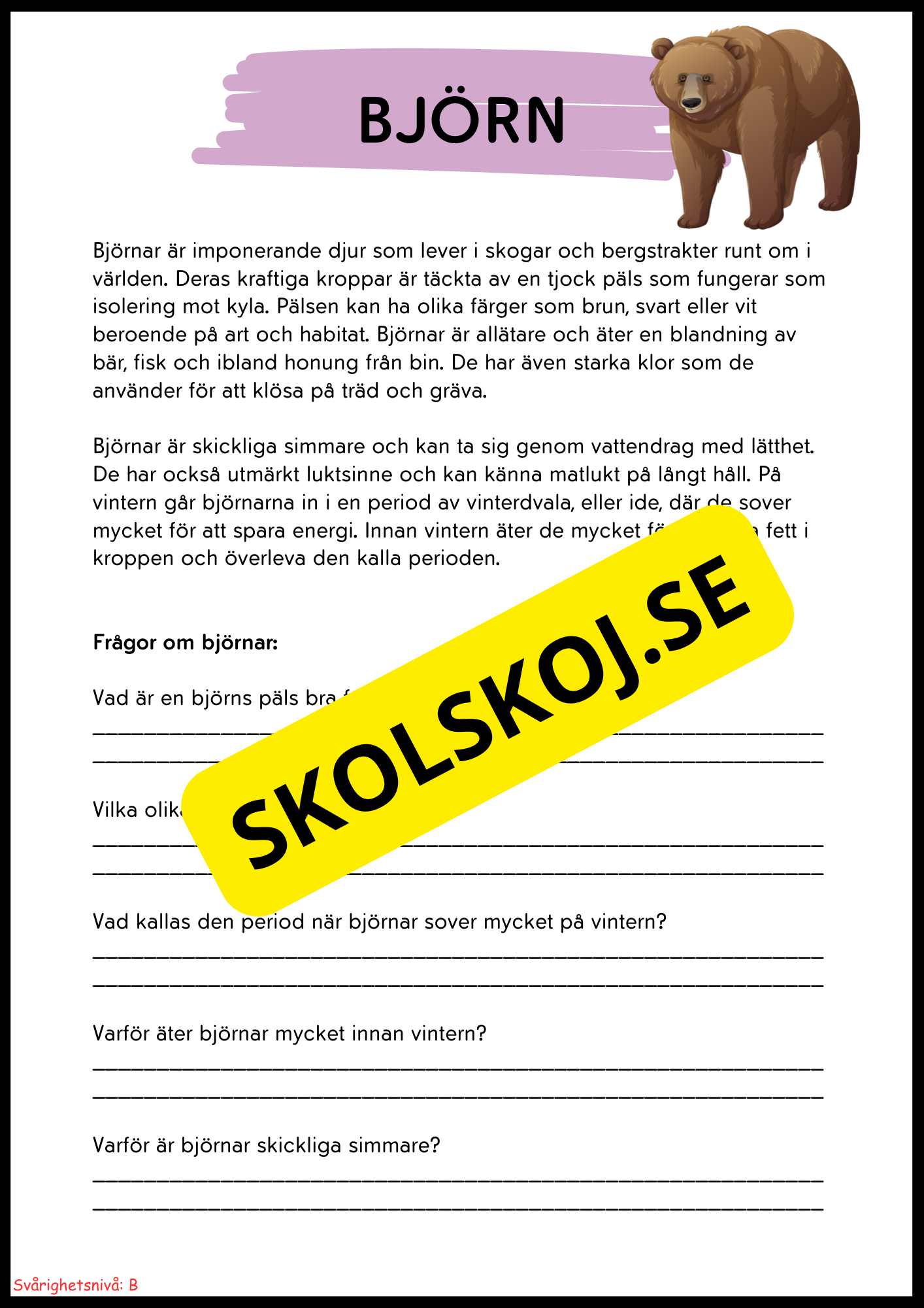 Vilda djur i Sverige – Läsförståelse med två nivåer för lågstadiet