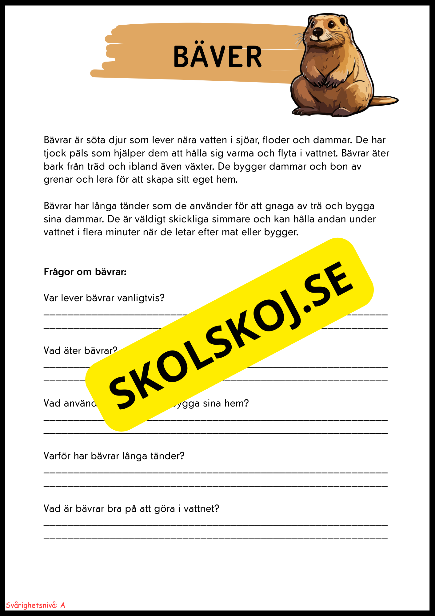 Vilda djur i Sverige – Läsförståelse med två nivåer för lågstadiet