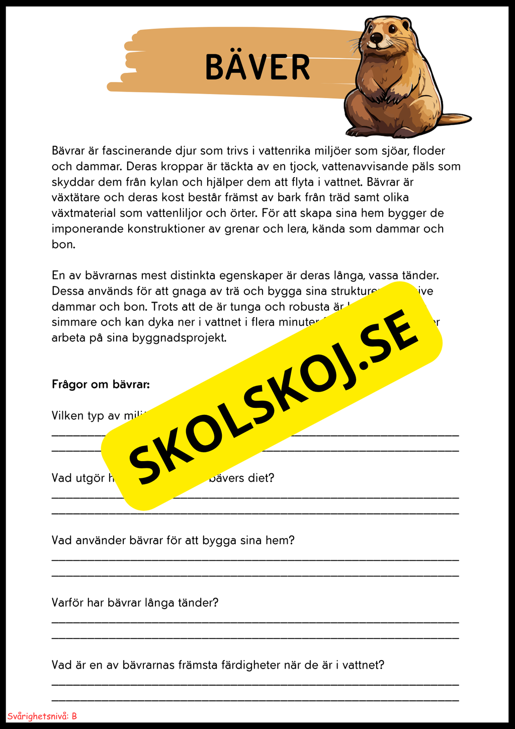 Vilda djur i Sverige – Läsförståelse med två nivåer för lågstadiet