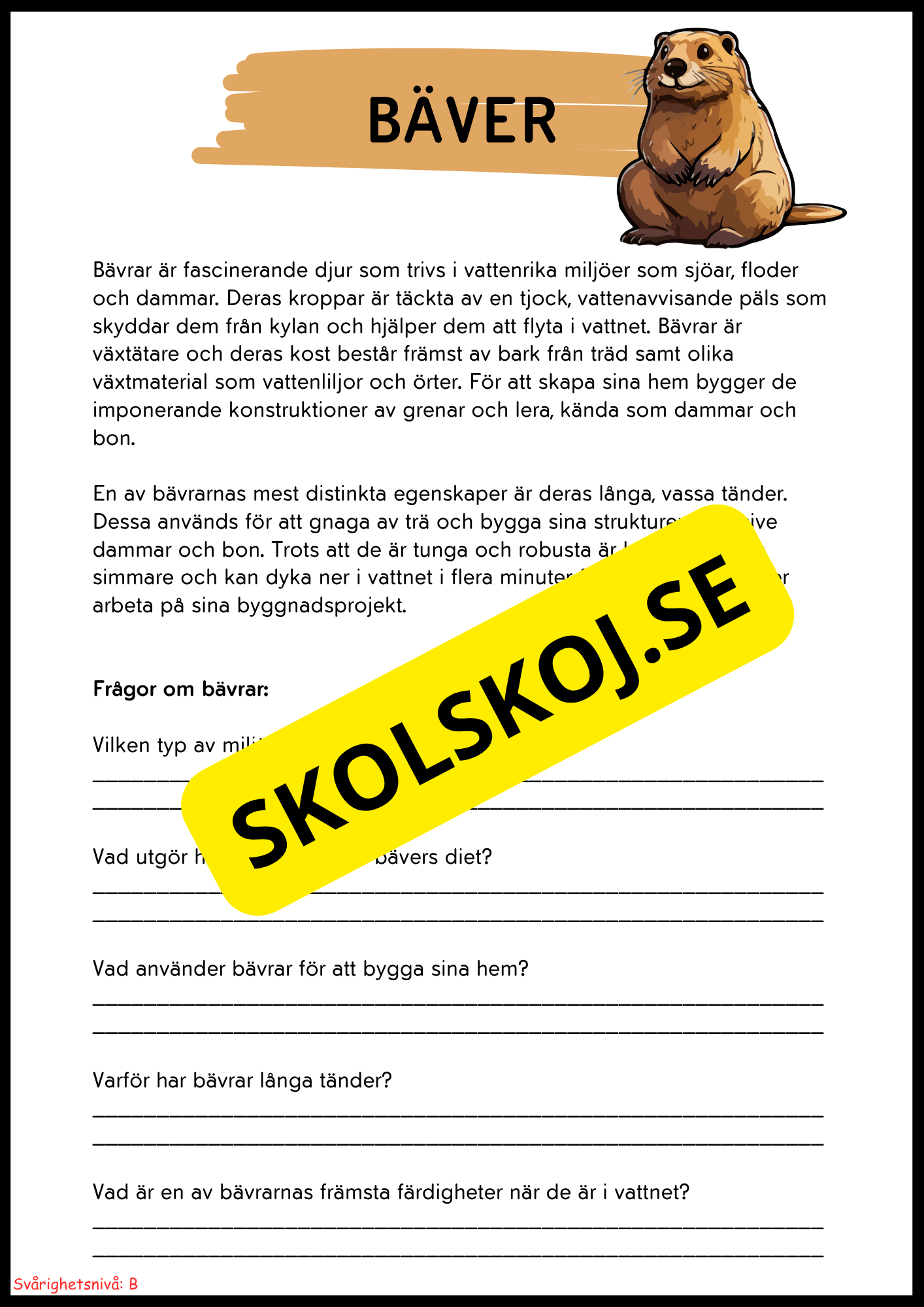 Vilda djur i Sverige – Läsförståelse med två nivåer för lågstadiet